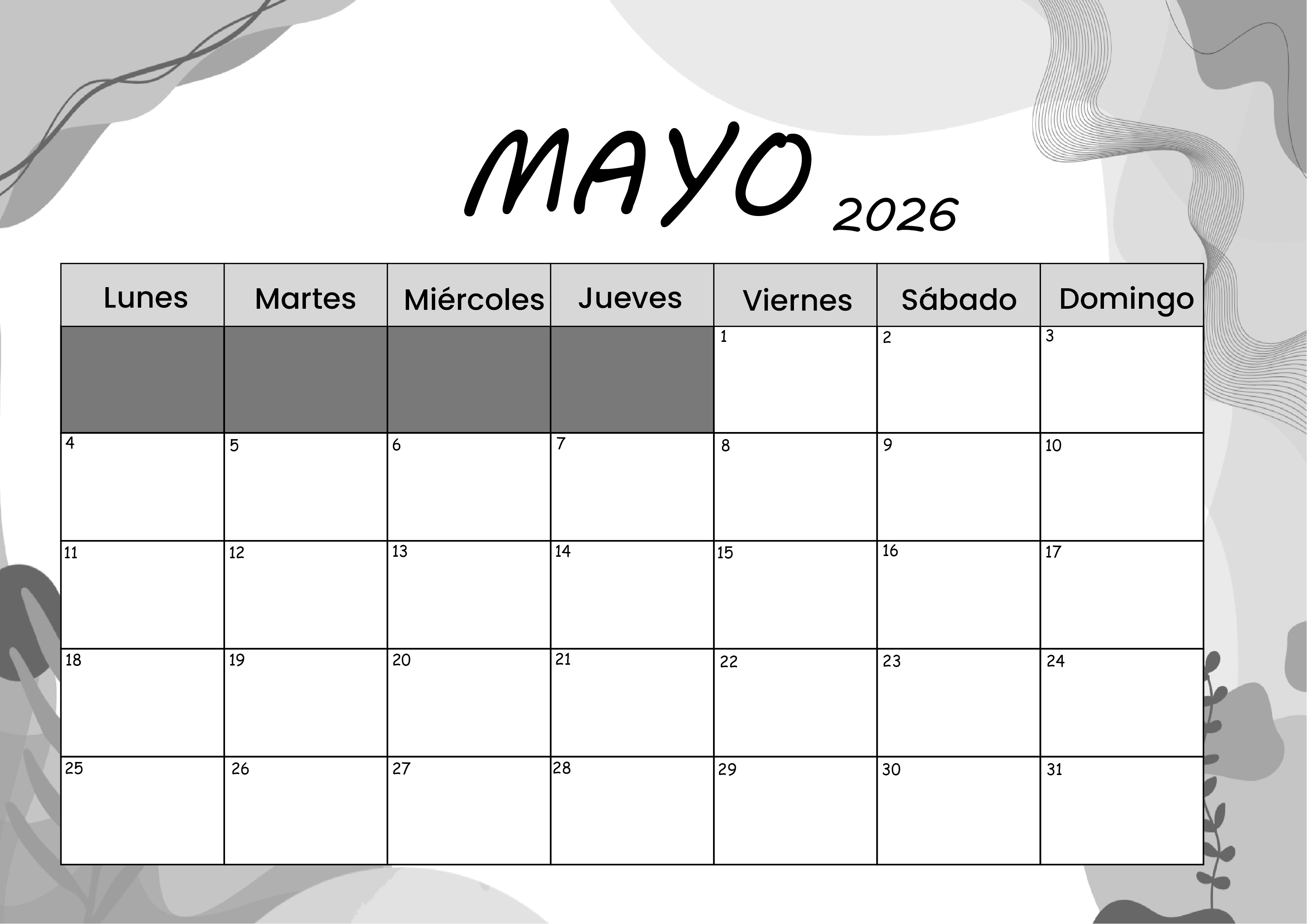 Calendario Mayo 2026 para imprimir