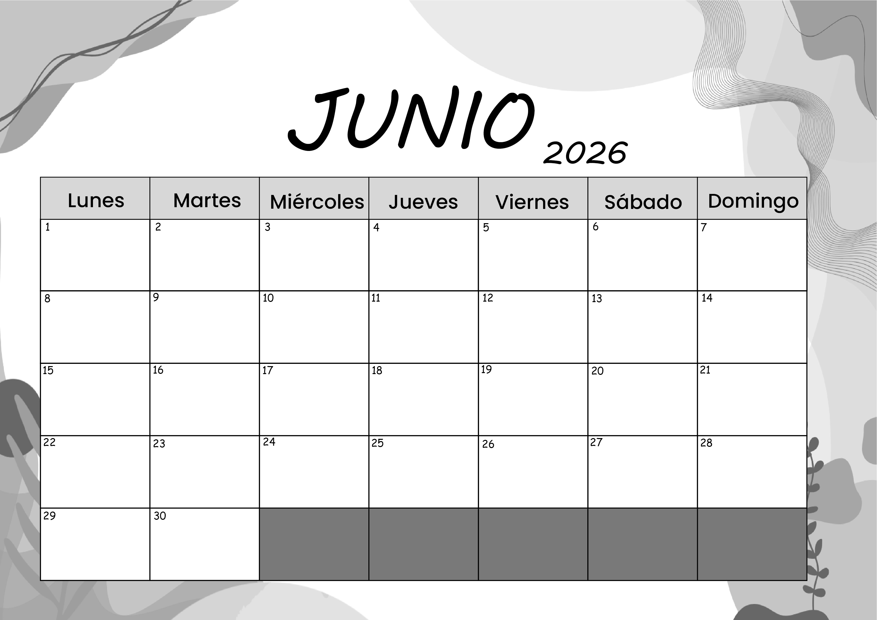 Calendario Junio 2026 para imprimir
