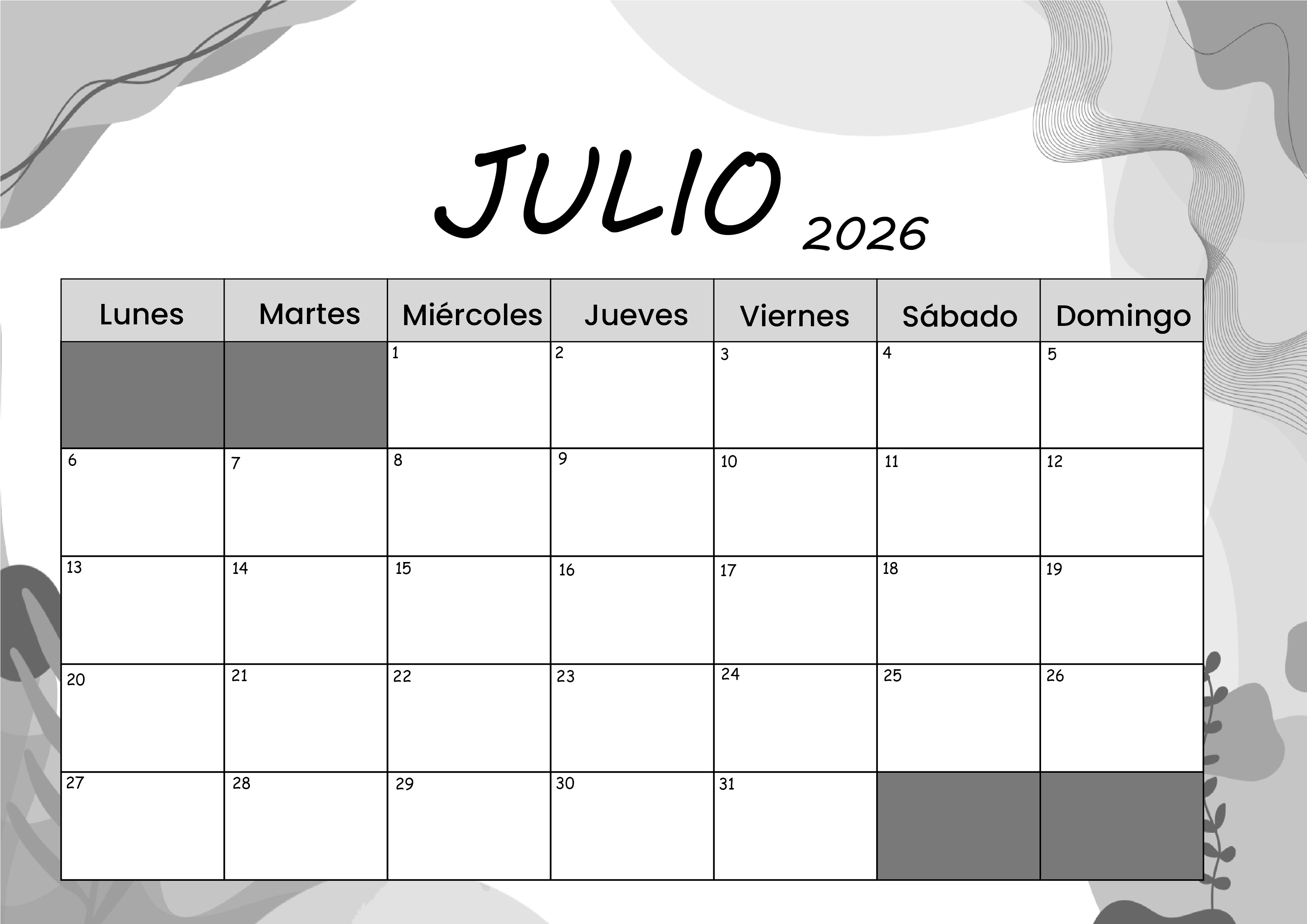 Calendario Julio 2026 para imprimir
