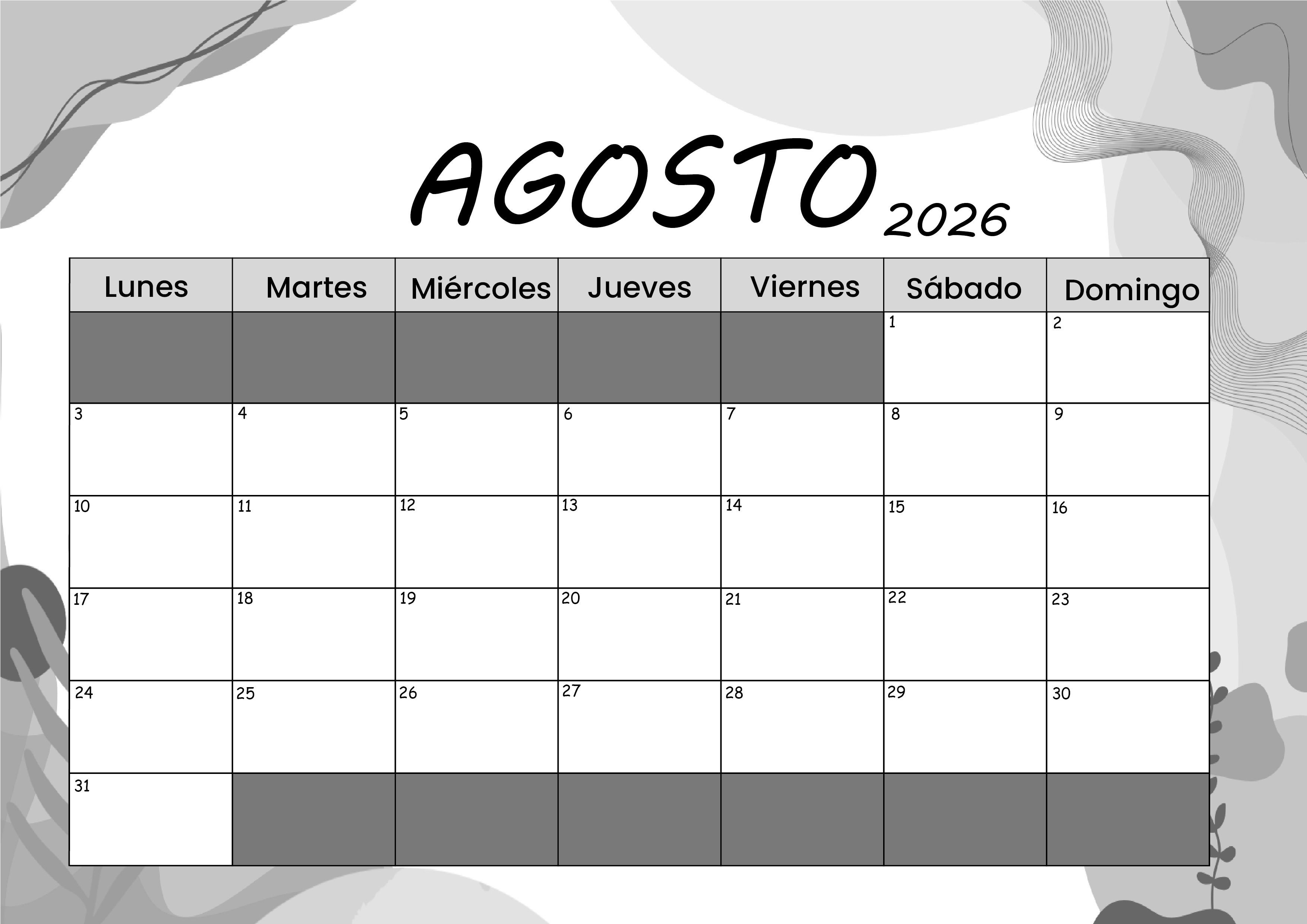 Calendario Agosto 2026 para imprimir