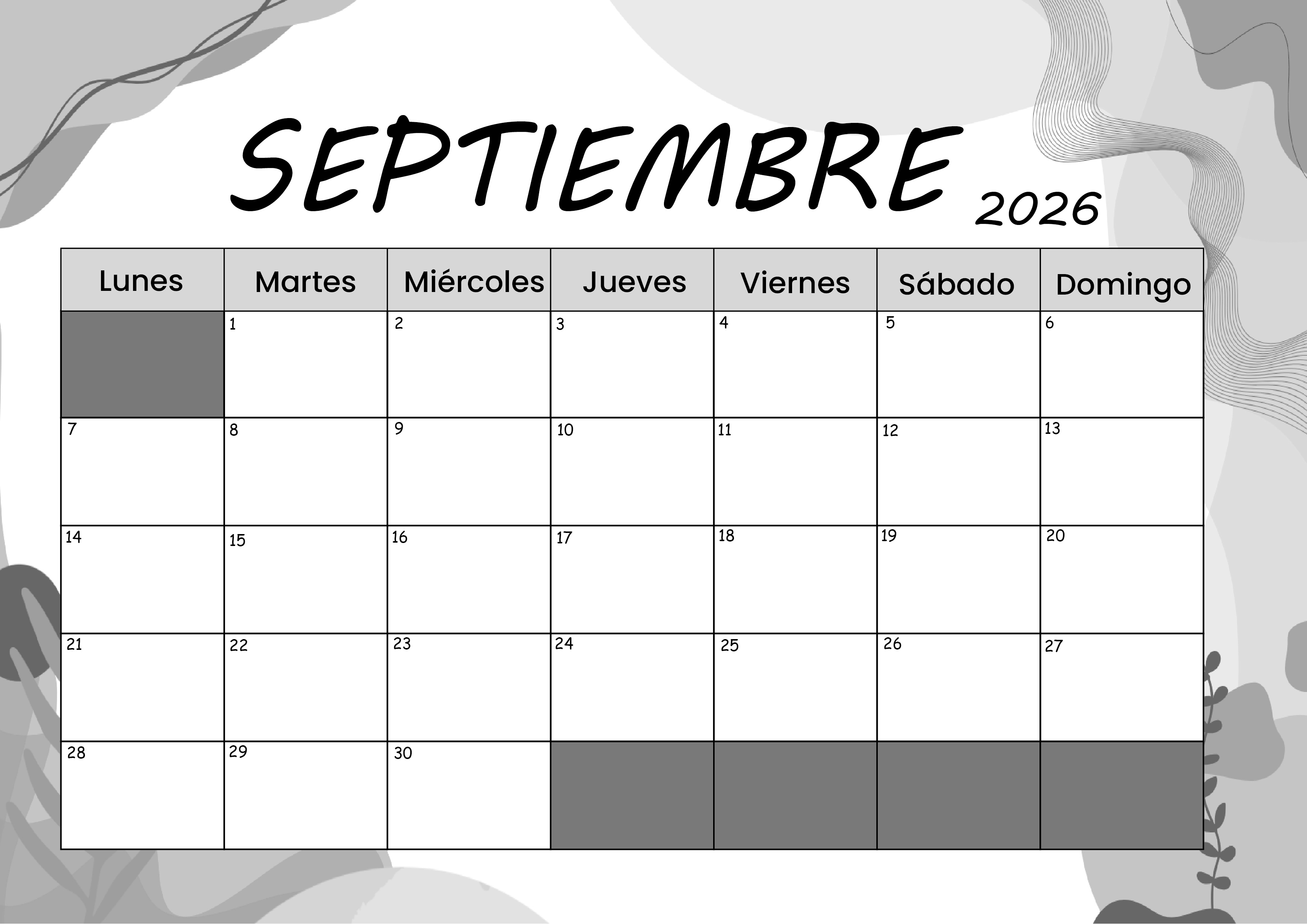 Calendario Septiembre 2026 para imprimir