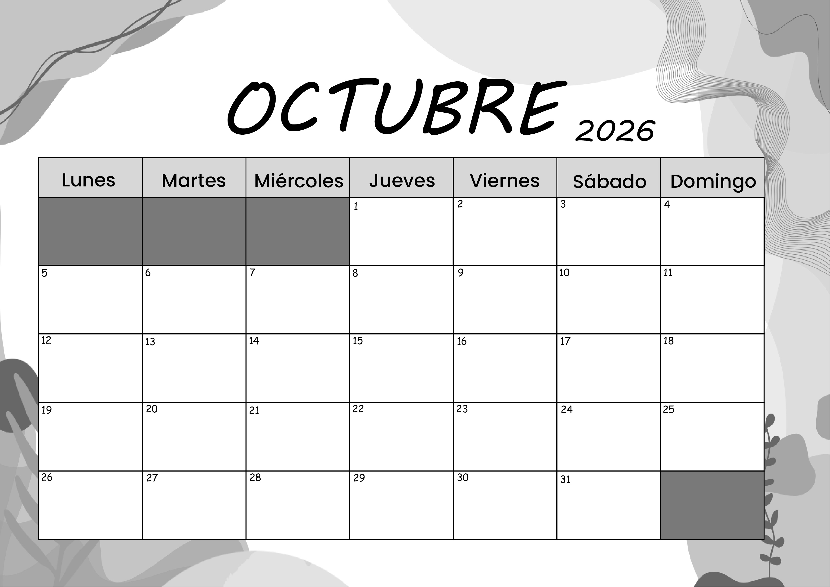 Calendario Octubre 2026 para imprimir
