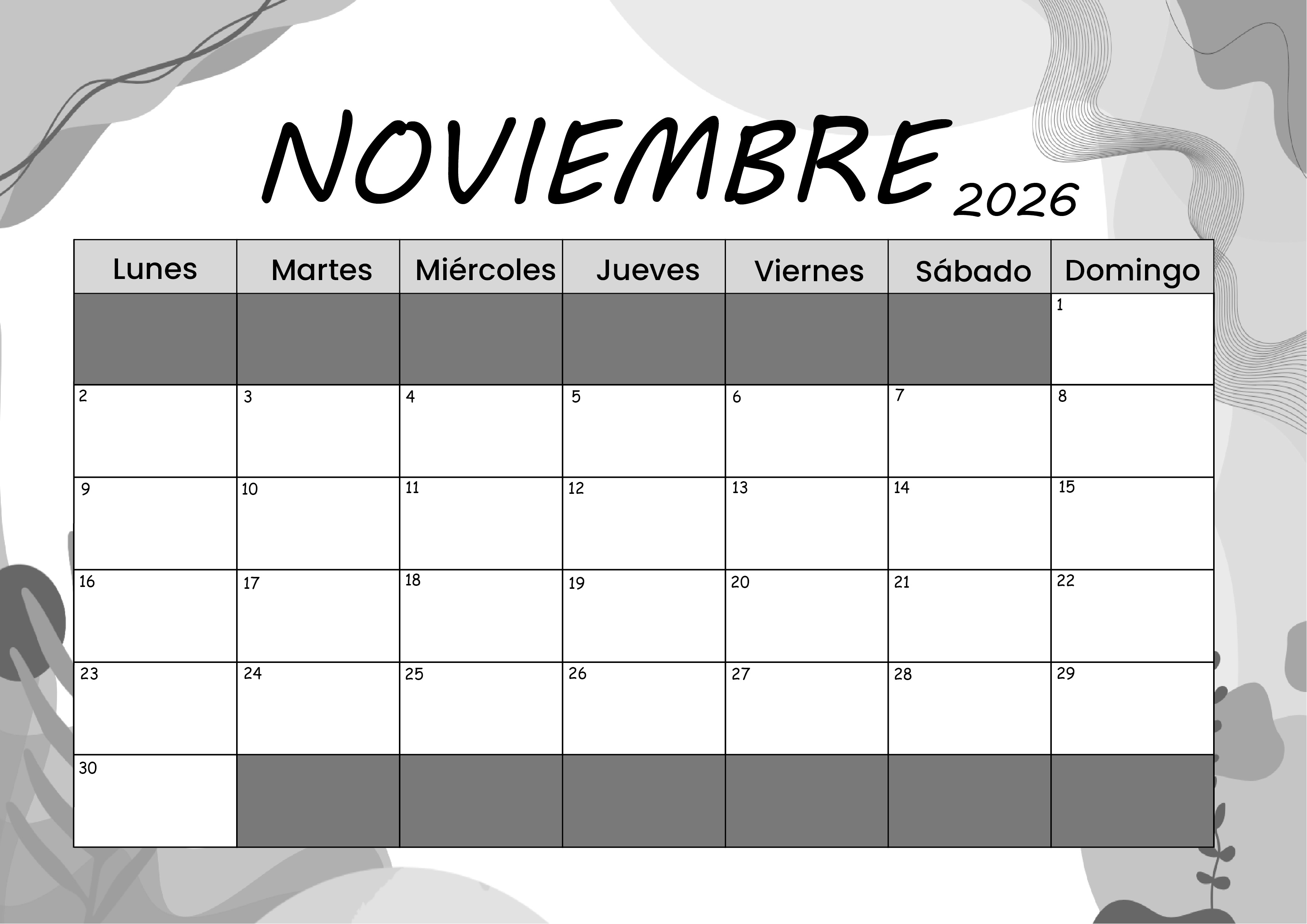 Calendario Noviembre 2026 para imprimir