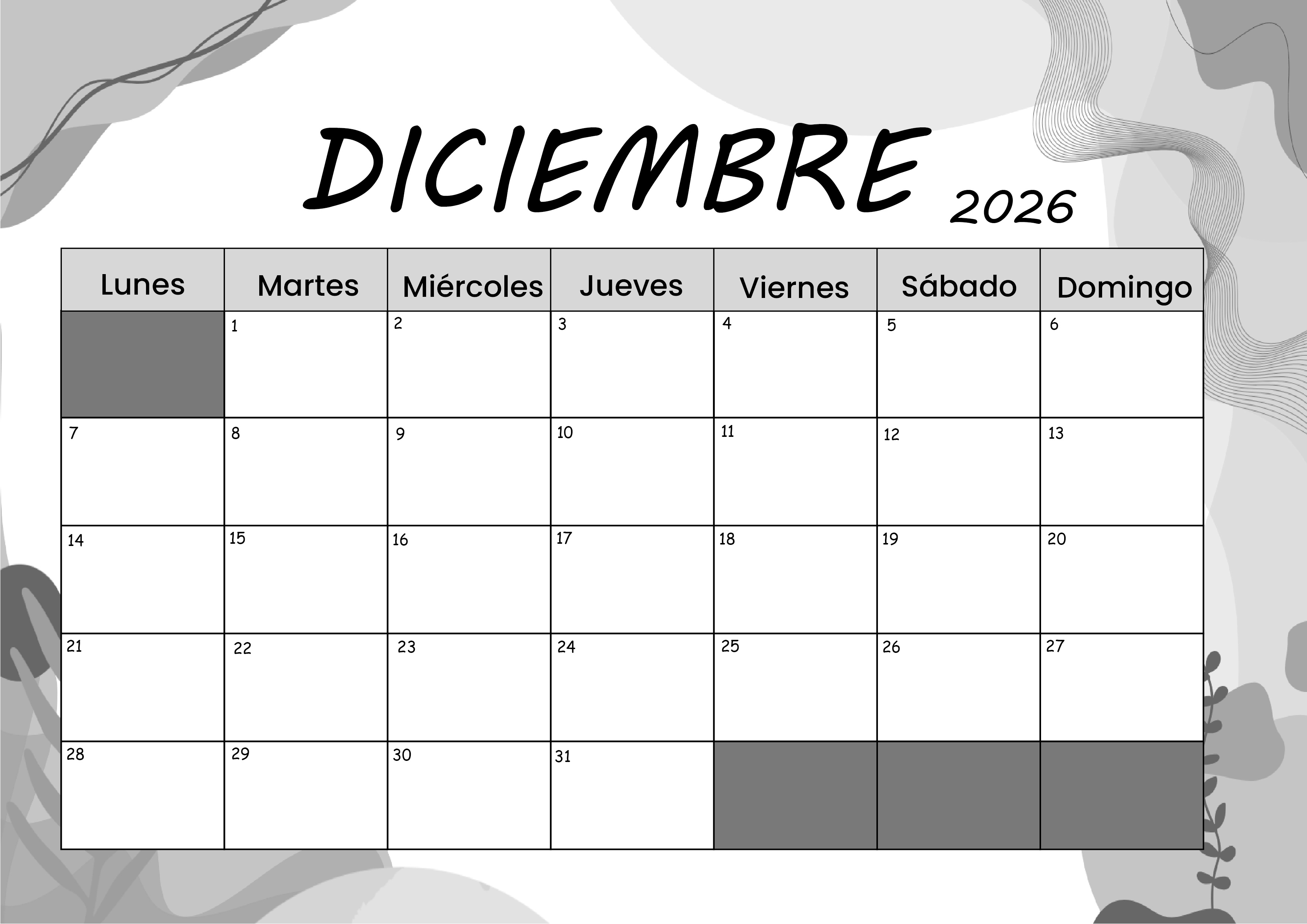 Calendario Diciembre 2026 para imprimir
