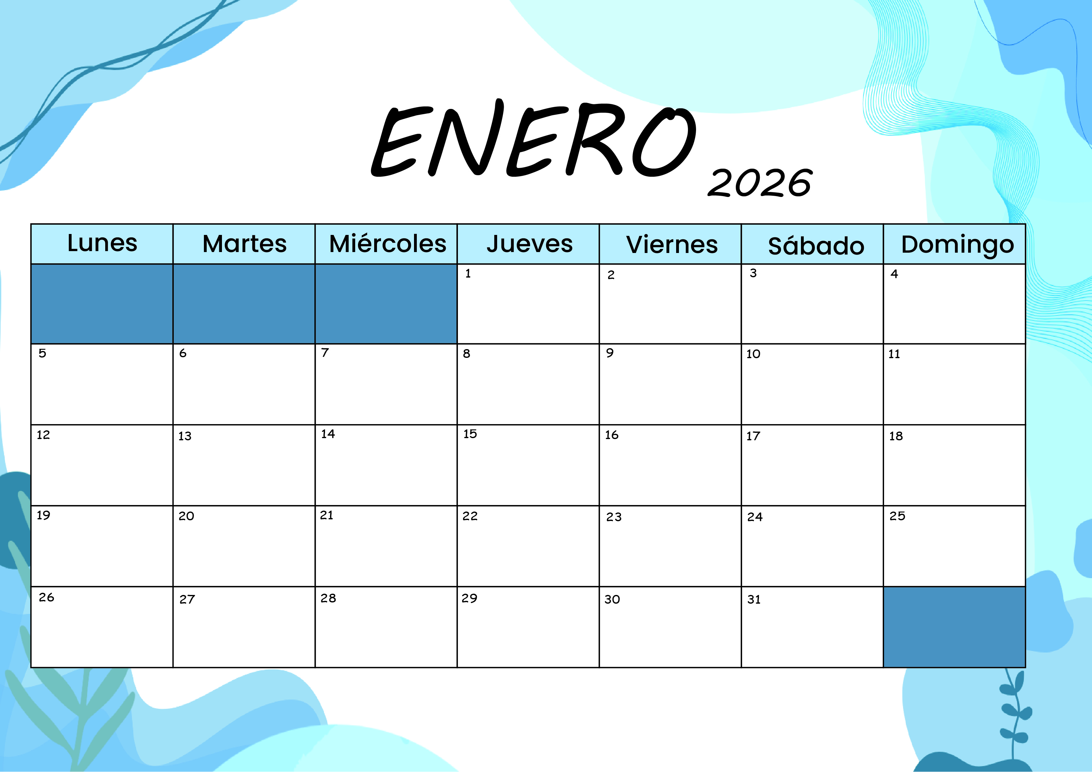 Calendario Enero 2026 para imprimir 