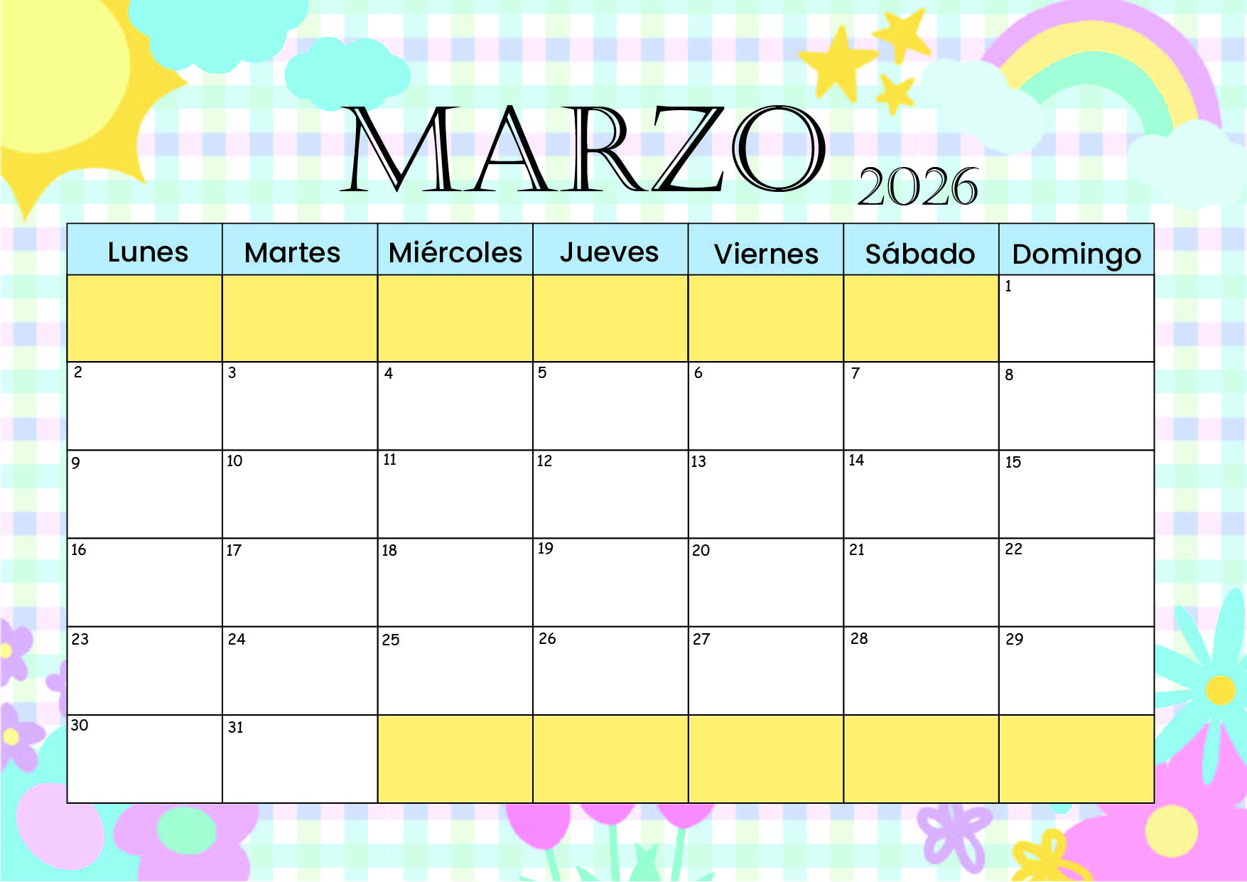 Calendario Marzo 2026 para imprimir