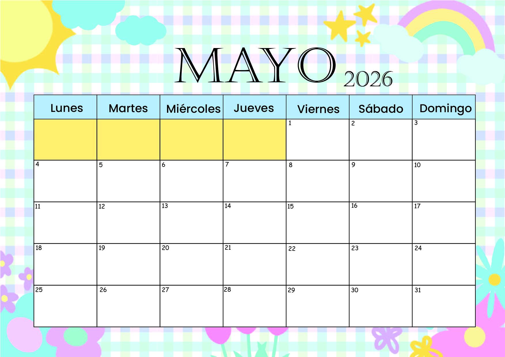 Calendario Mayo 2026 para imprimir