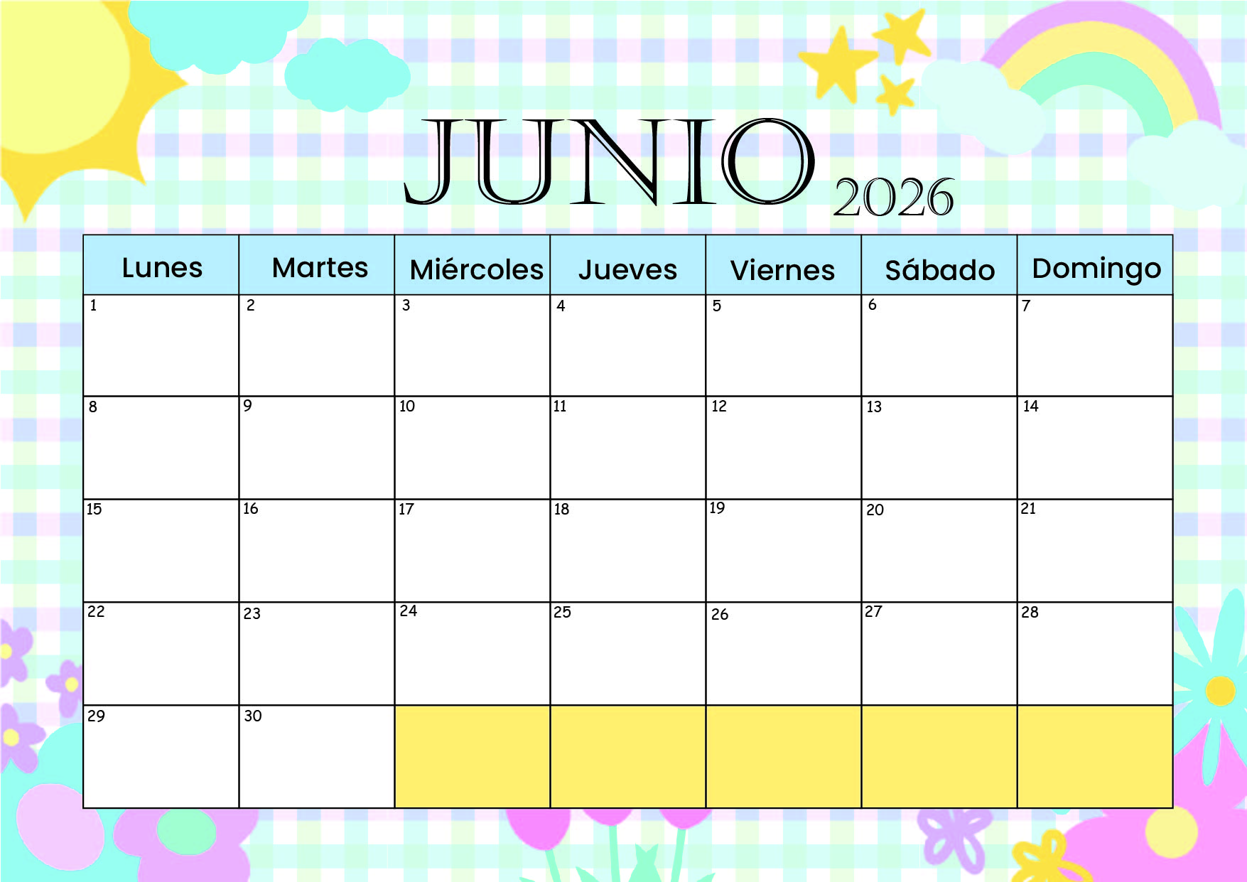 Calendario Junio 2026 para imprimir