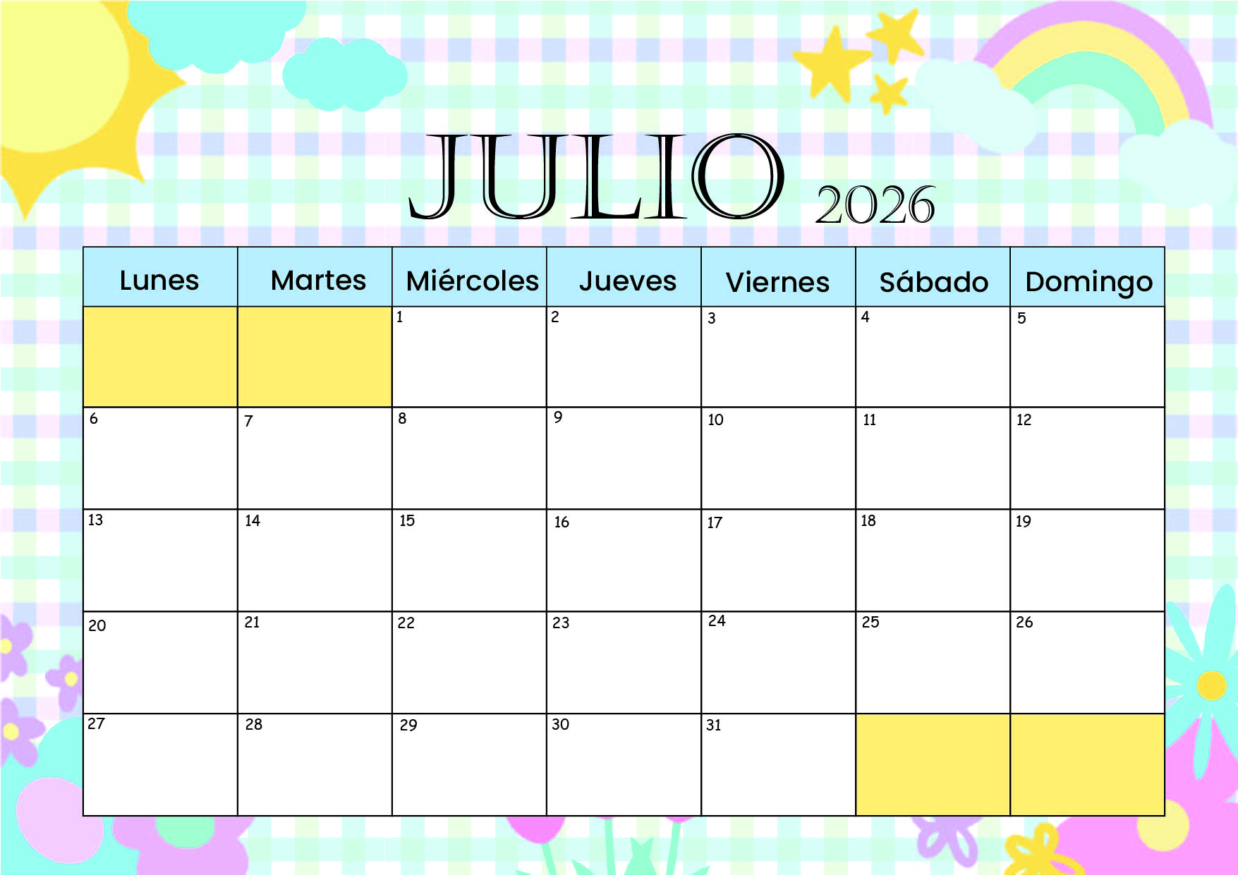 Calendario Julio 2026 para imprimir