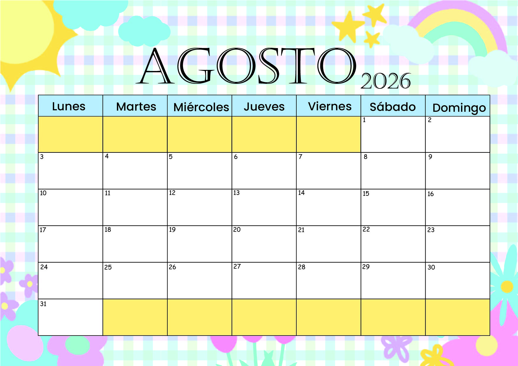 Calendario Agosto 2026 para imprimir