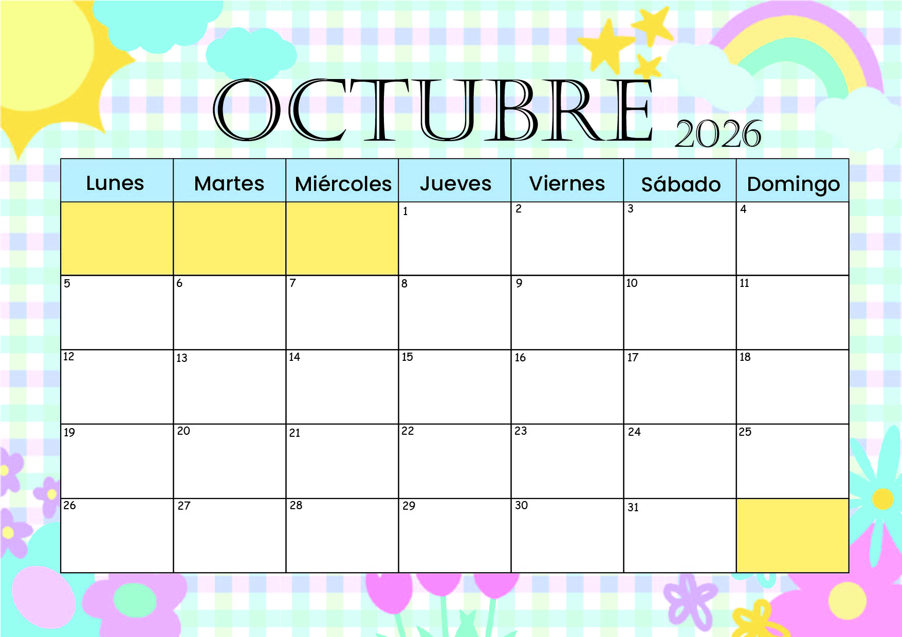 Calendario Octubre 2026 para imprimir