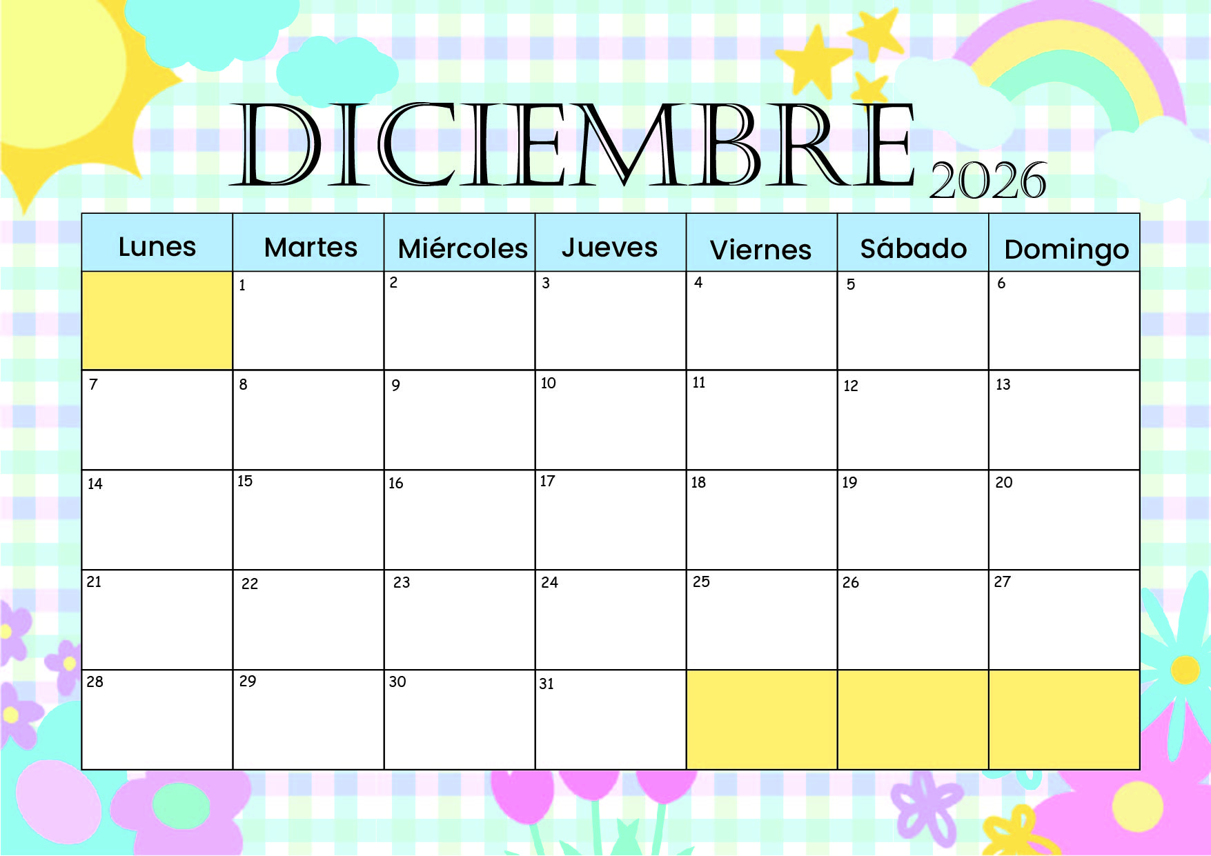 Calendario Diciembre 2026 para imprimir