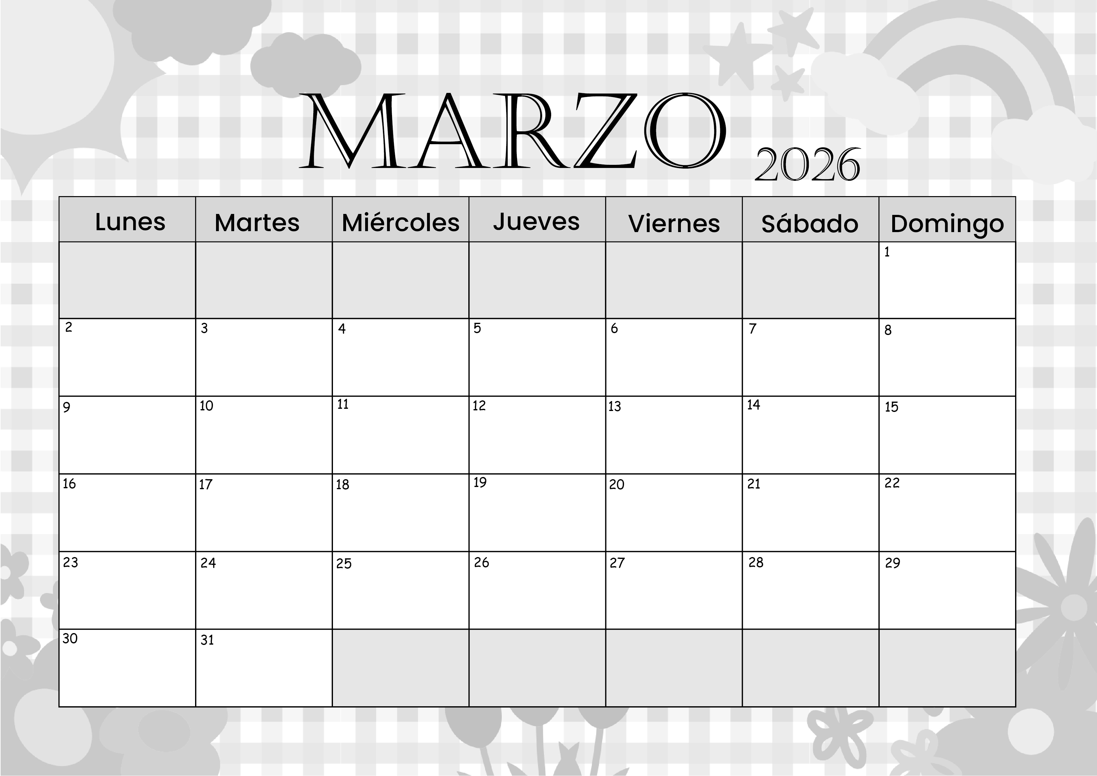 Calendario Marzo 2026 para imprimir