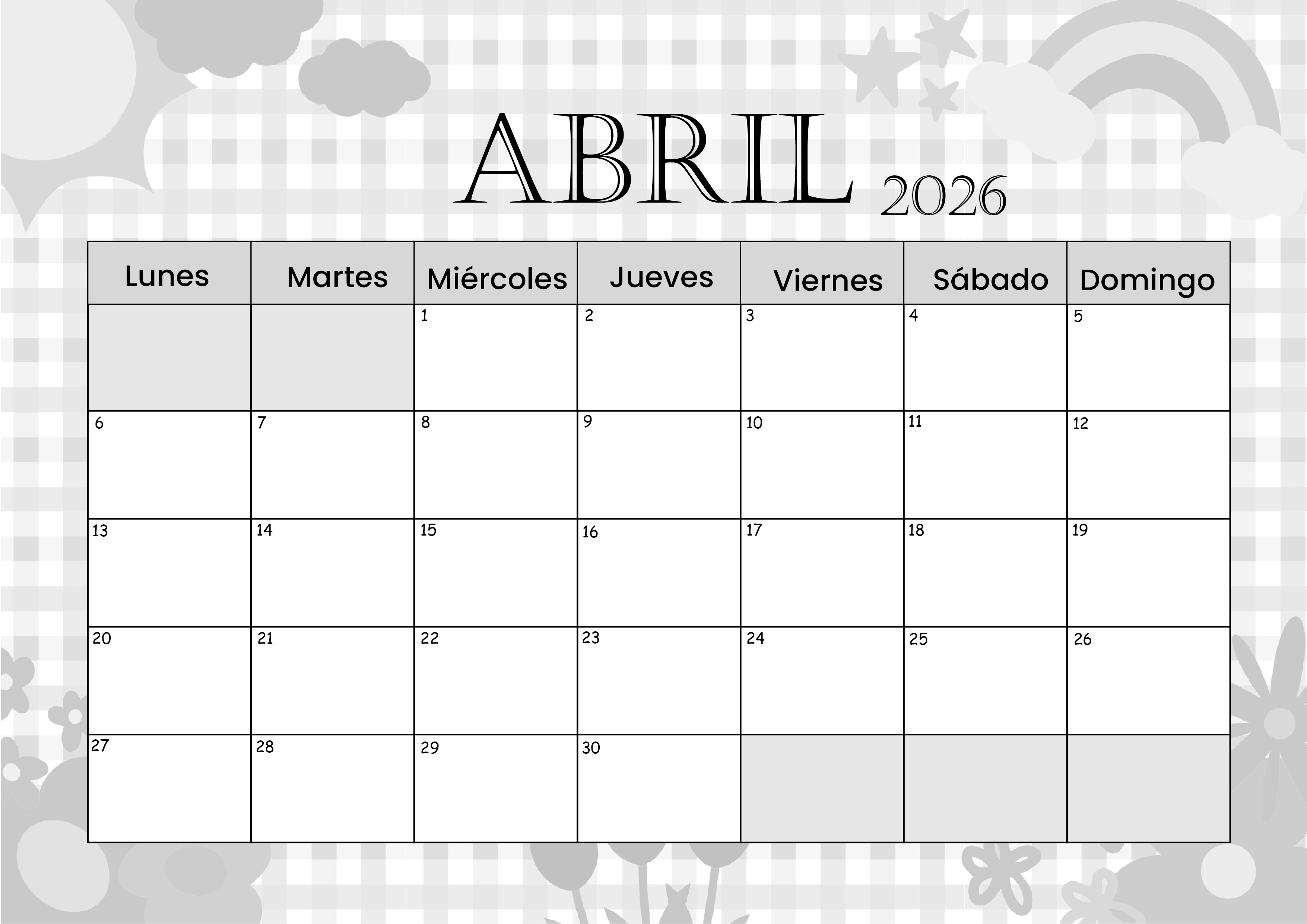 Calendario Abril 2026 para imprimir