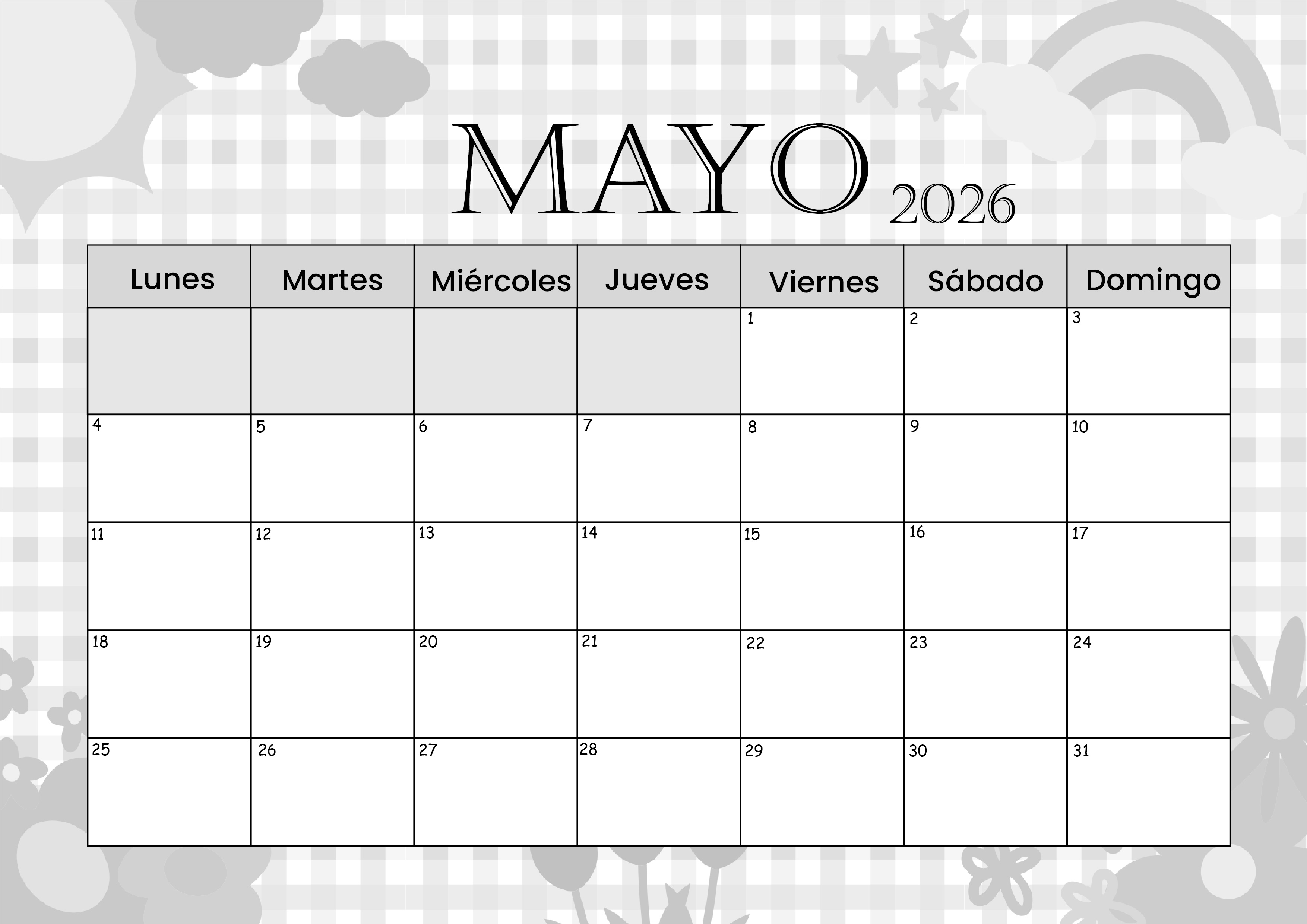 Calendario Mayo 2026 para imprimir