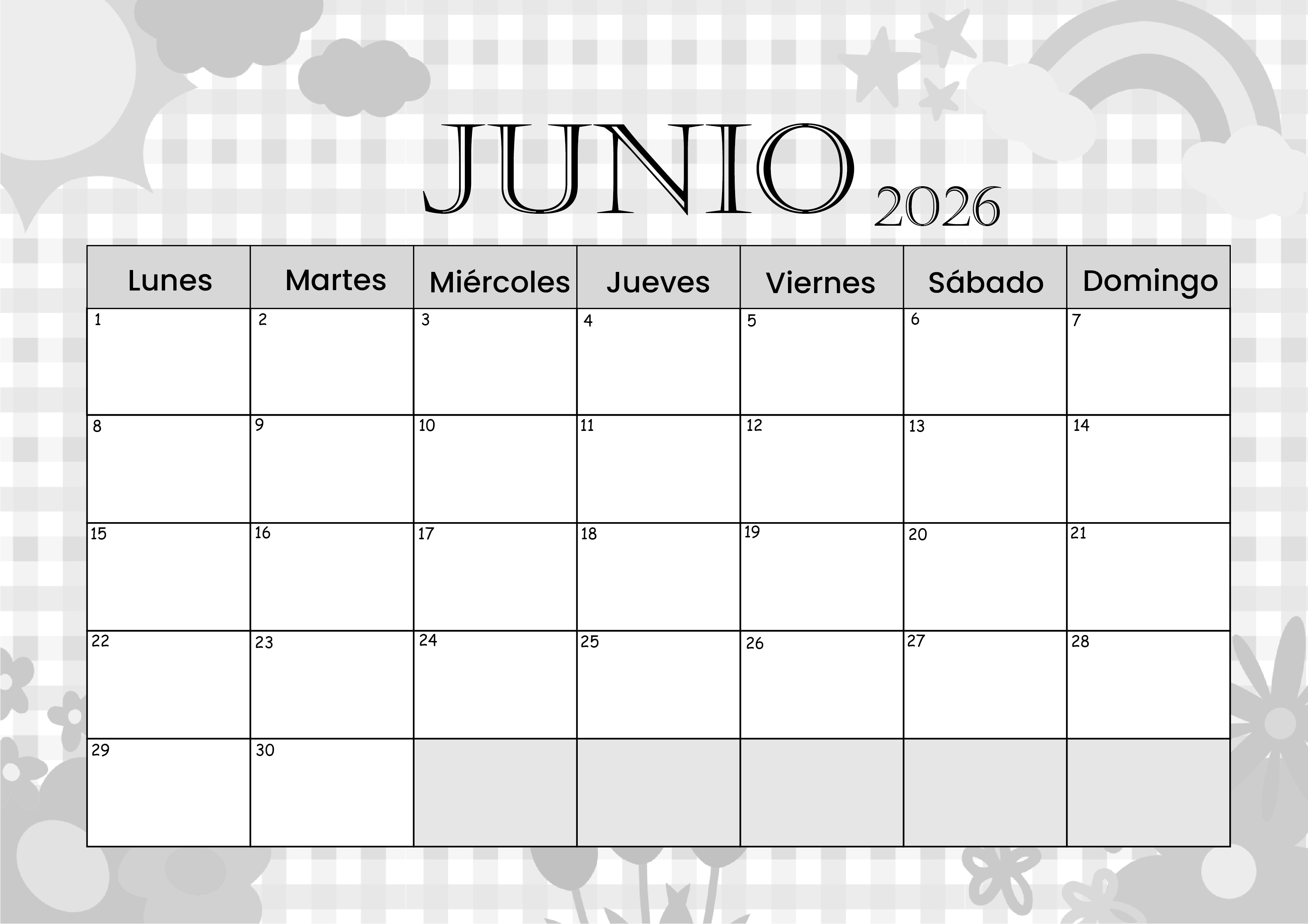 Calendario Junio 2026 para imprimir