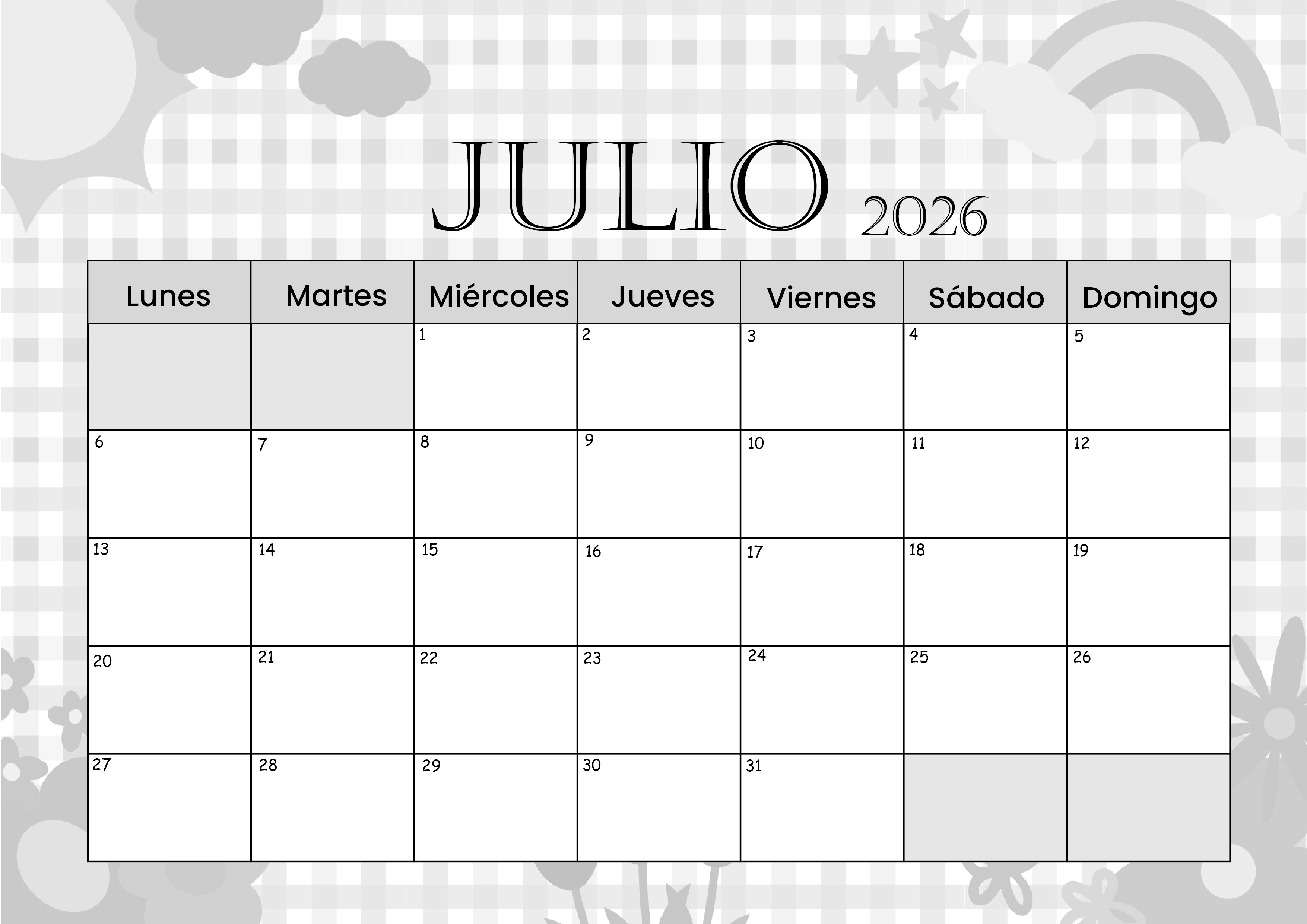 Calendario Julio 2026 para imprimir