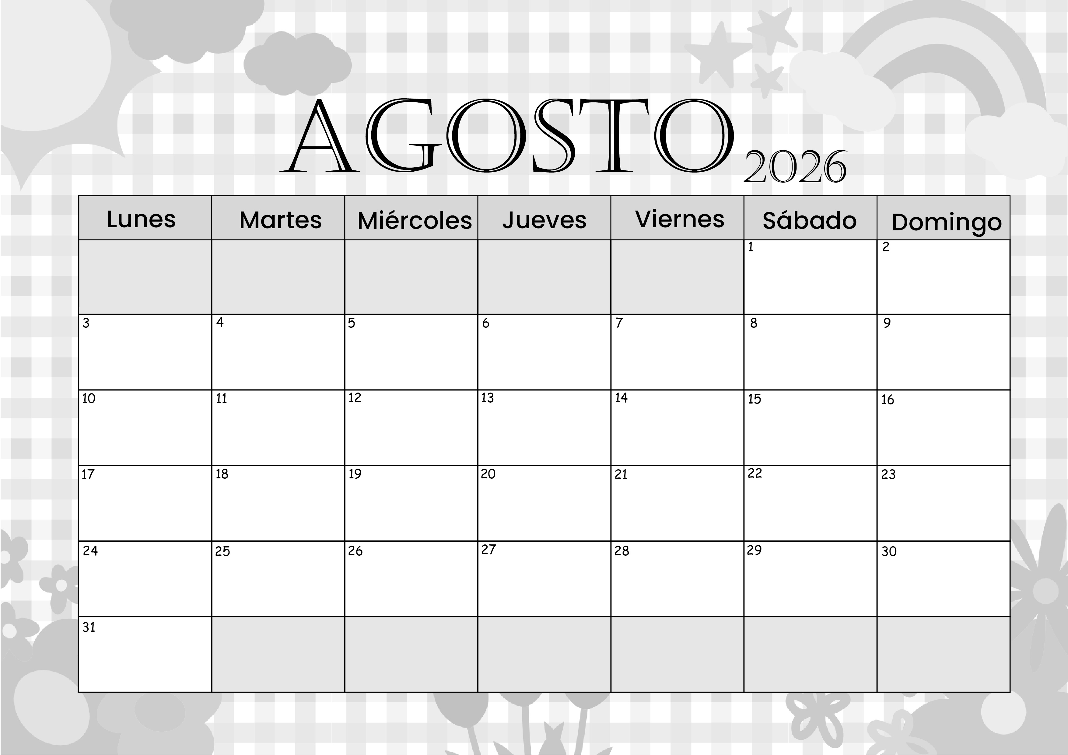 Calendario Agosto 2026 para imprimir