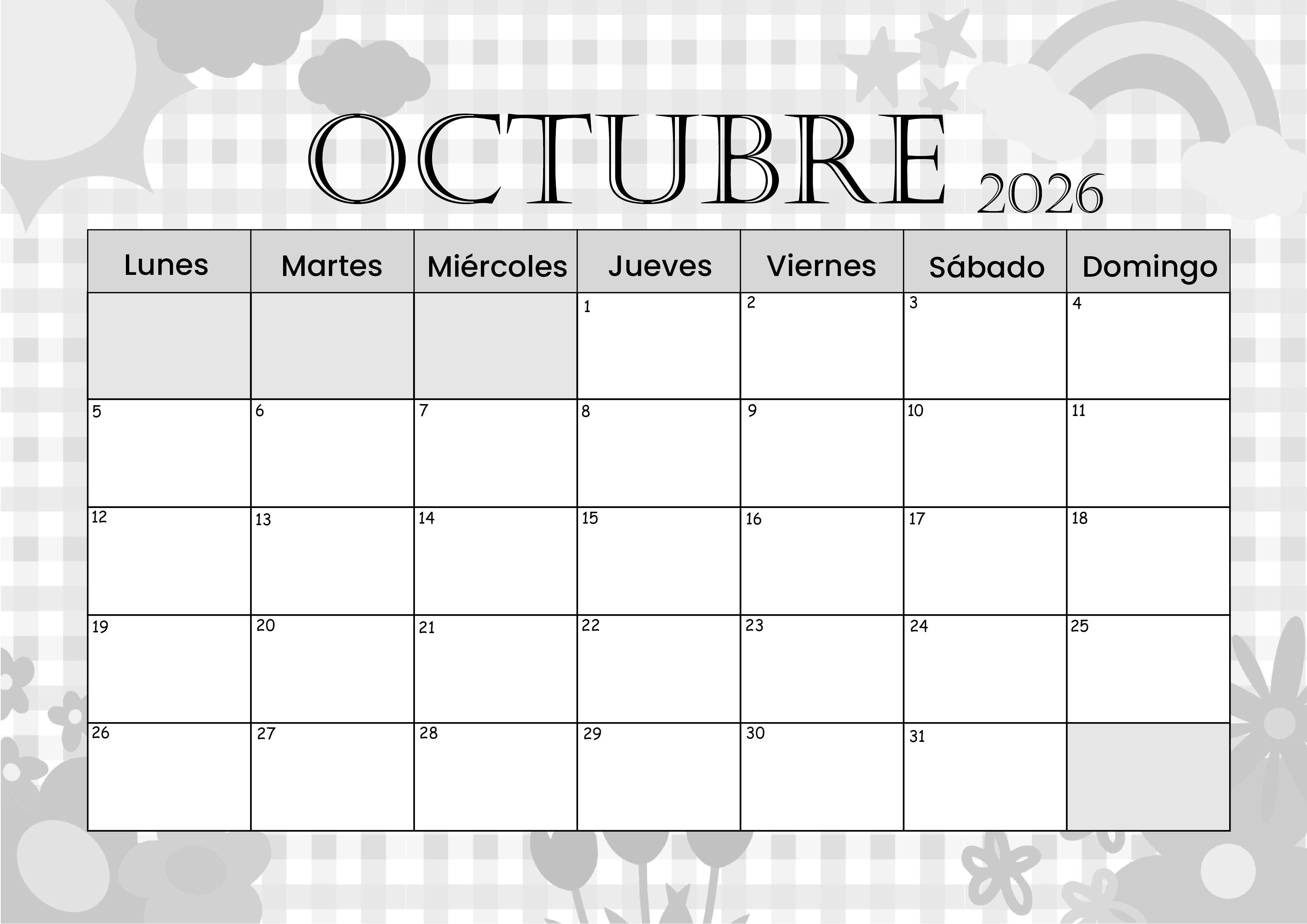 Calendario Octubre 2026 para imprimir