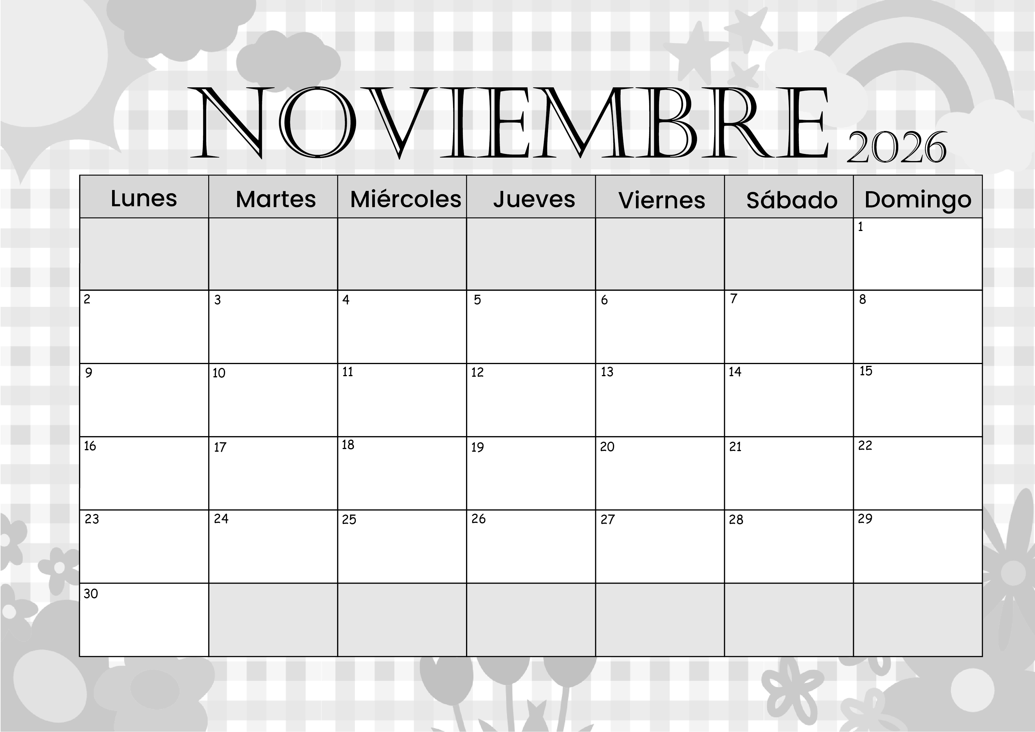 Calendario Noviembre 2026 para imprimir