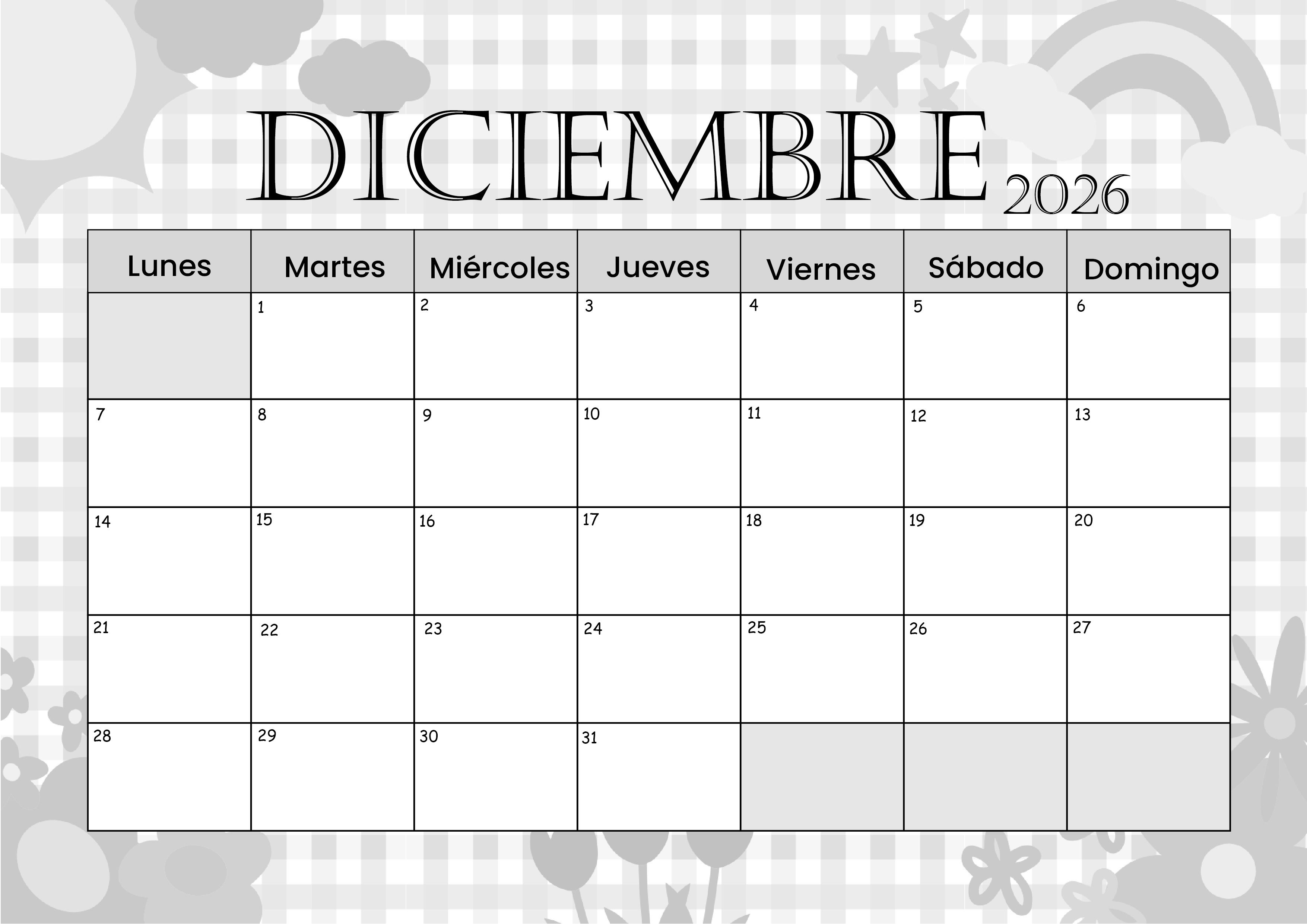 Calendario Diciembre 2026 para imprimir