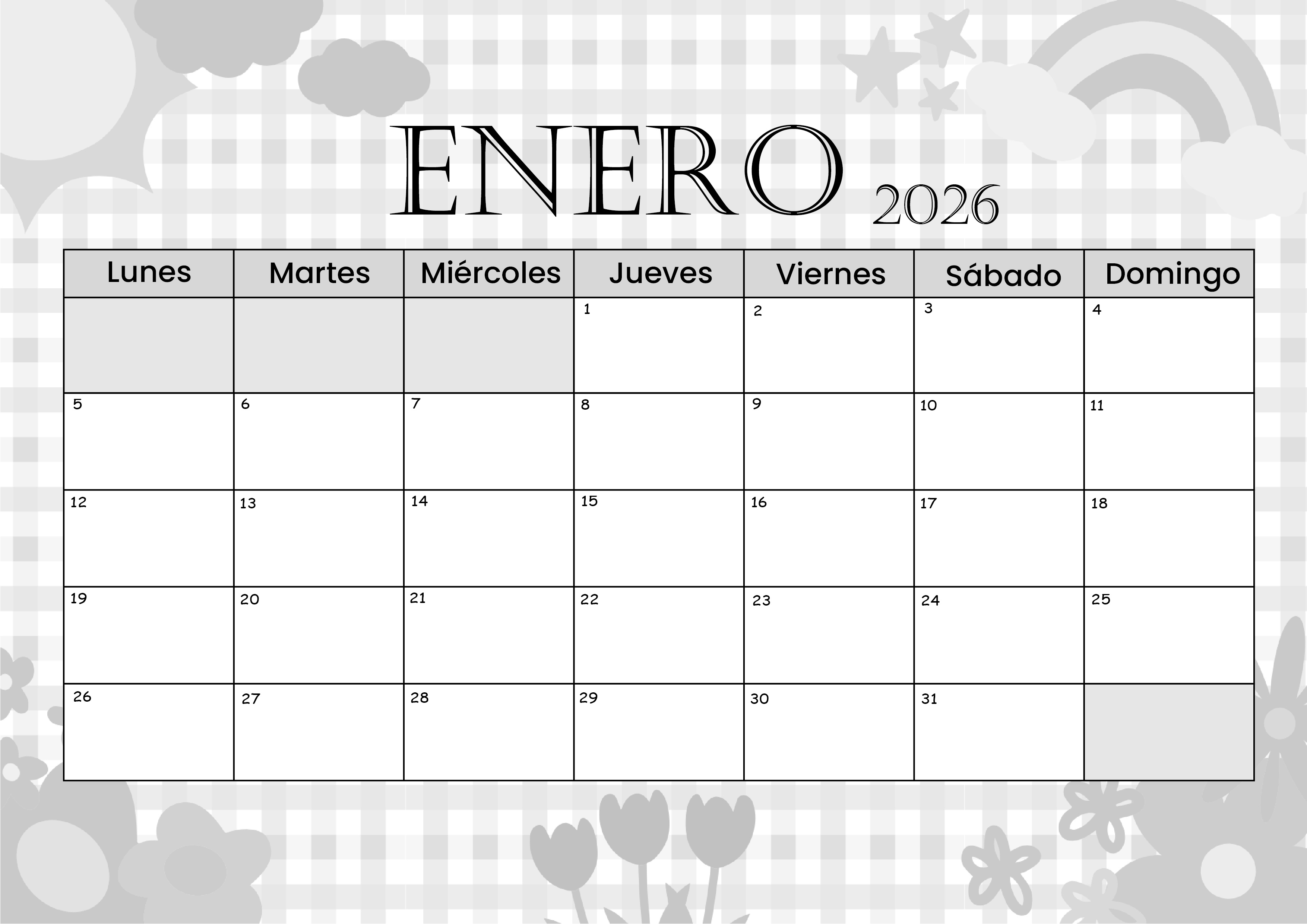 Calendario Enero 2026 para imprimir 