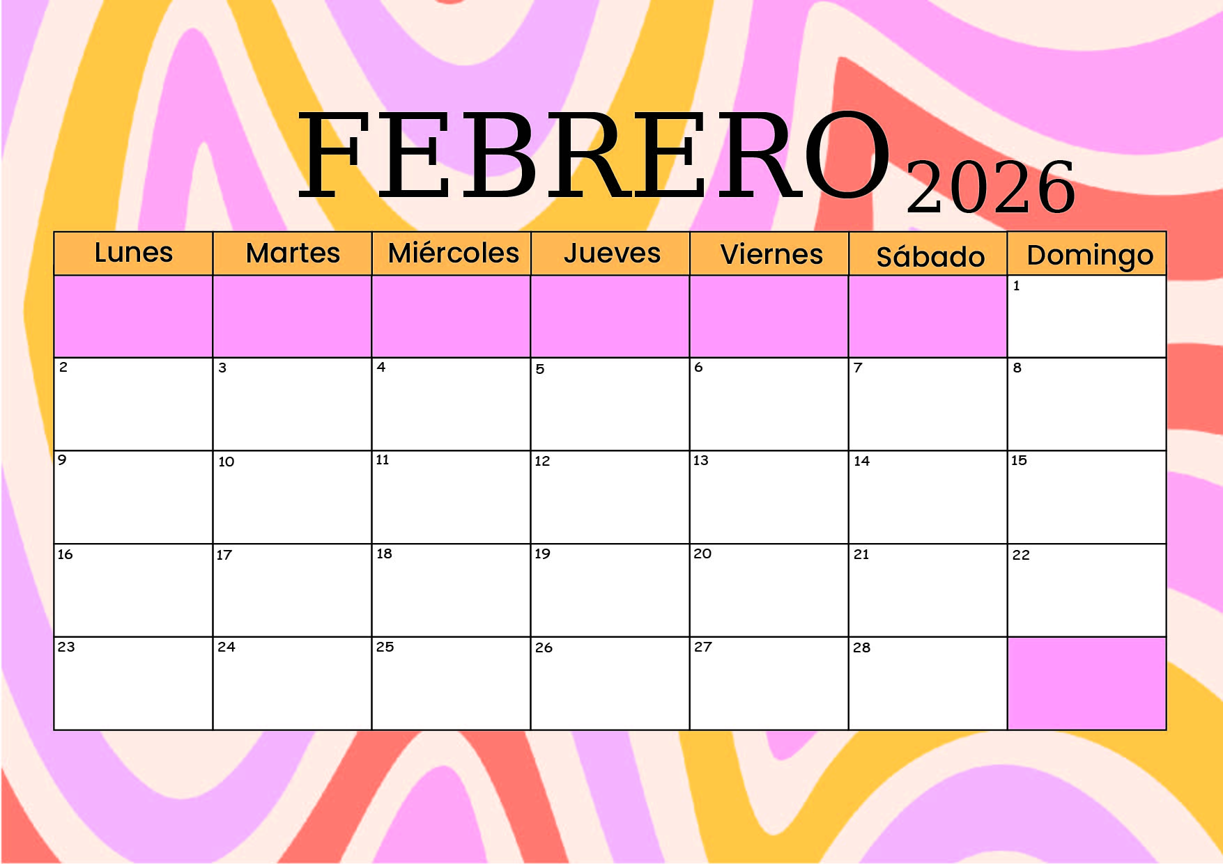 Calendario Febrero 2026 para imprimir