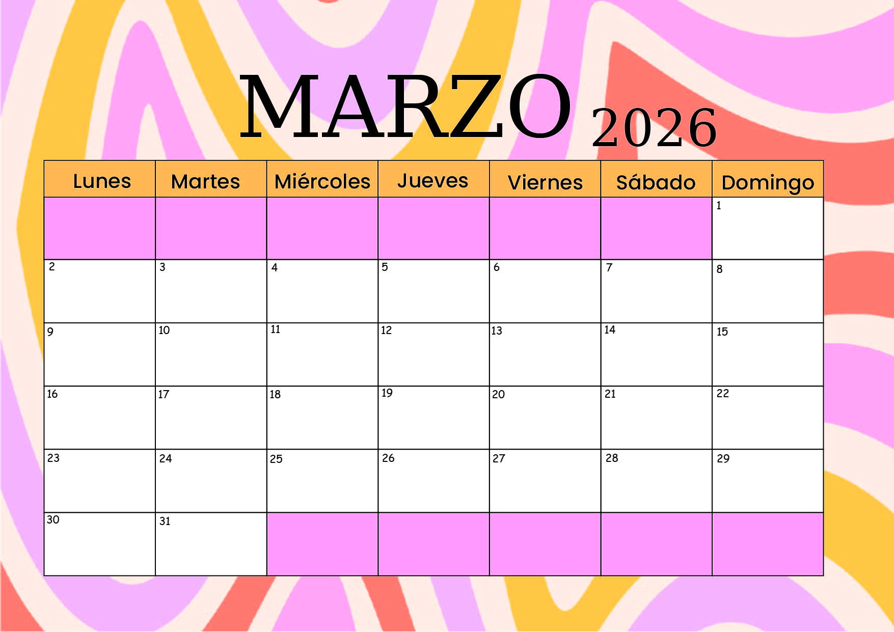Calendario Marzo 2026 para imprimir
