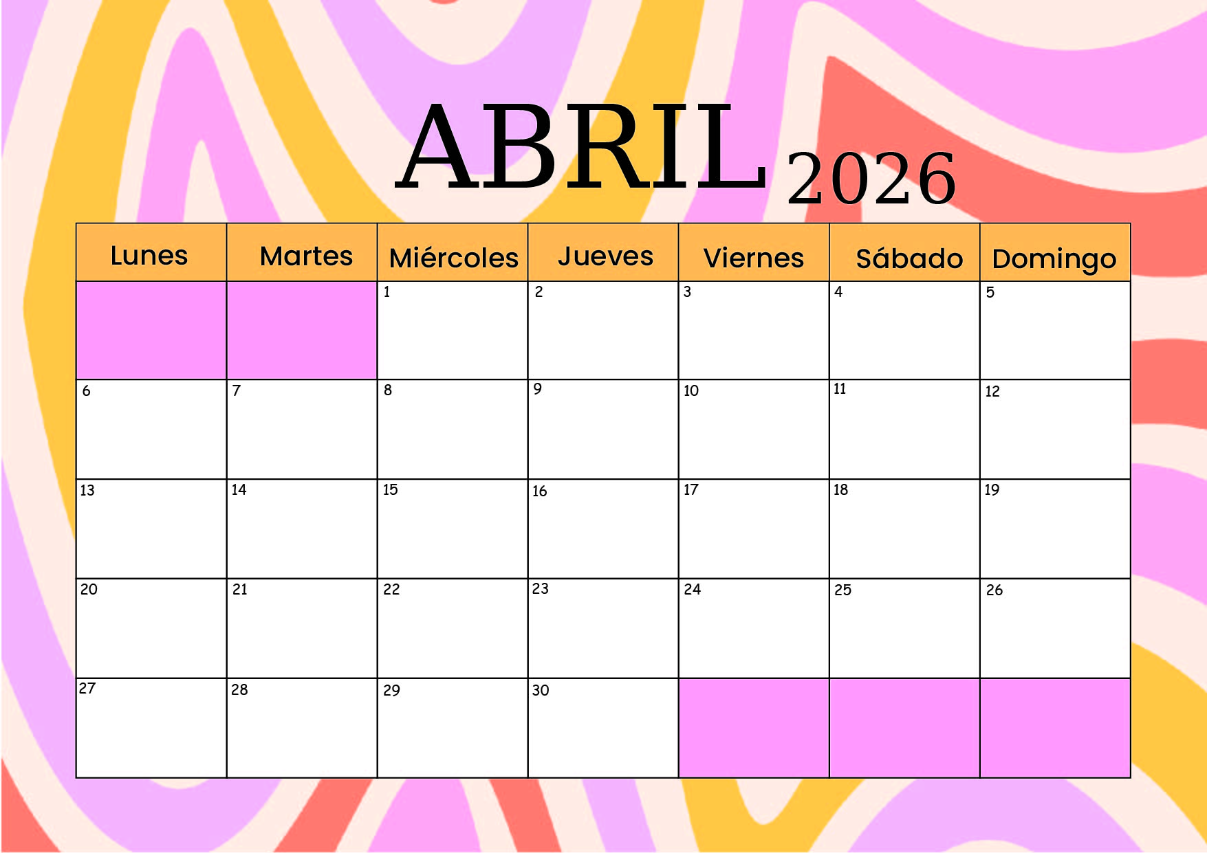 Calendario Abril 2026 para imprimir
