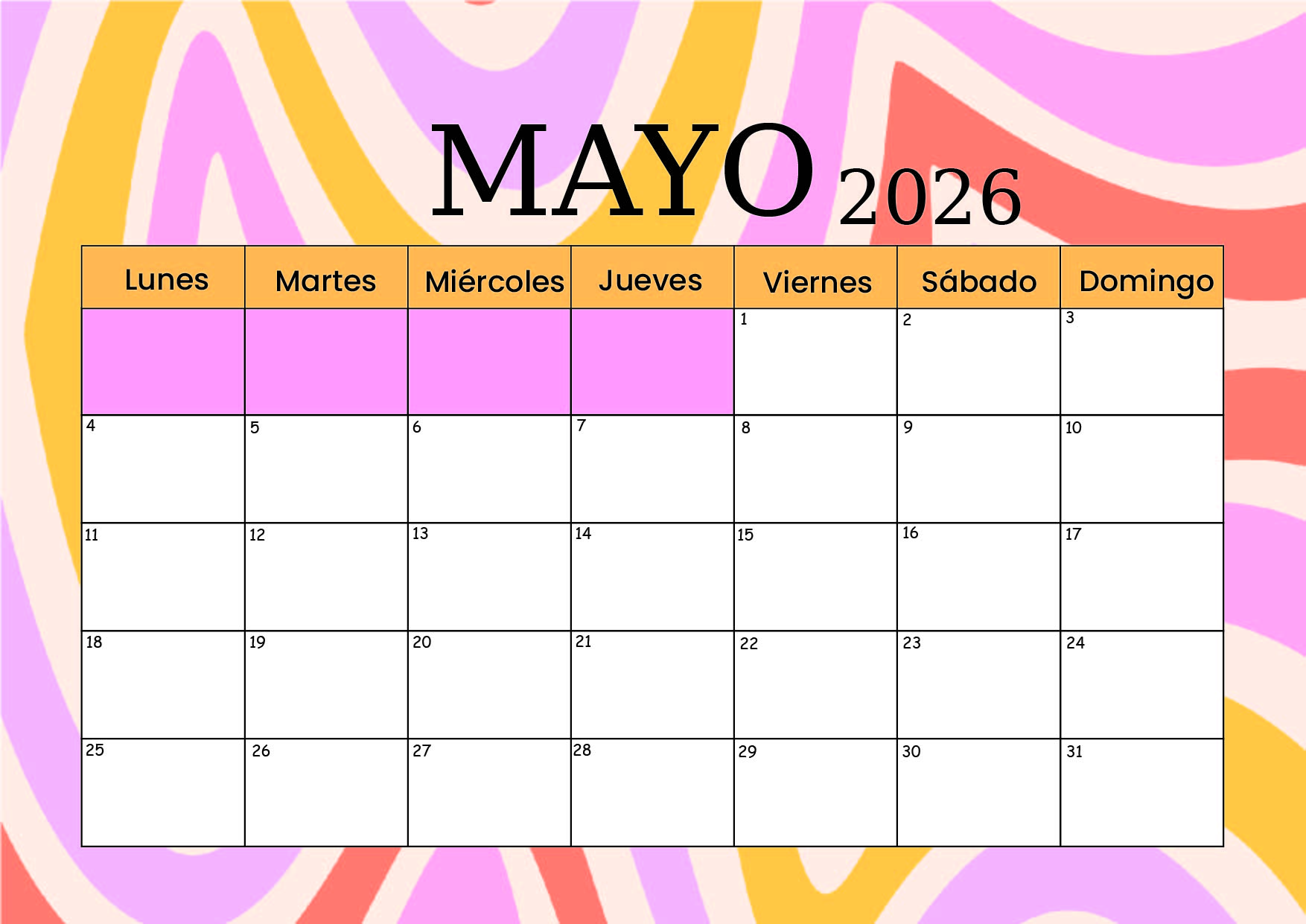 Calendario Mayo 2026 para imprimir