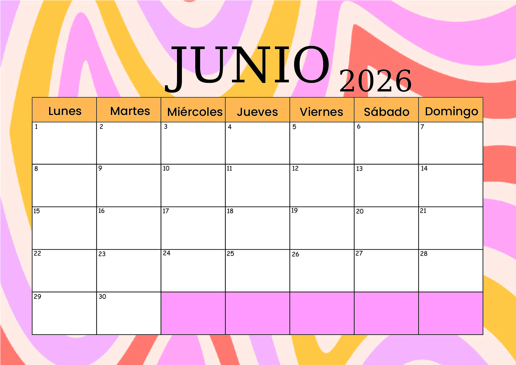 Calendario Junio 2026 para imprimir