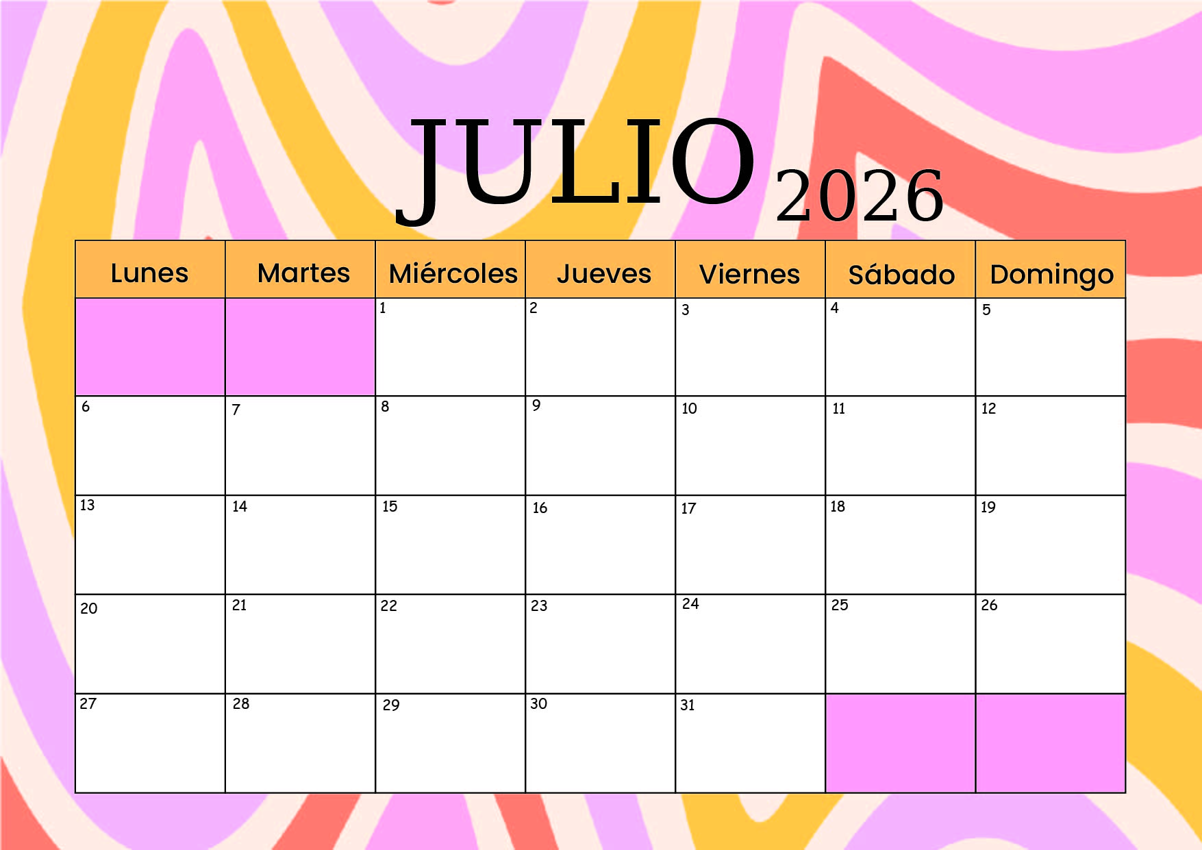Calendario Julio 2026 para imprimir