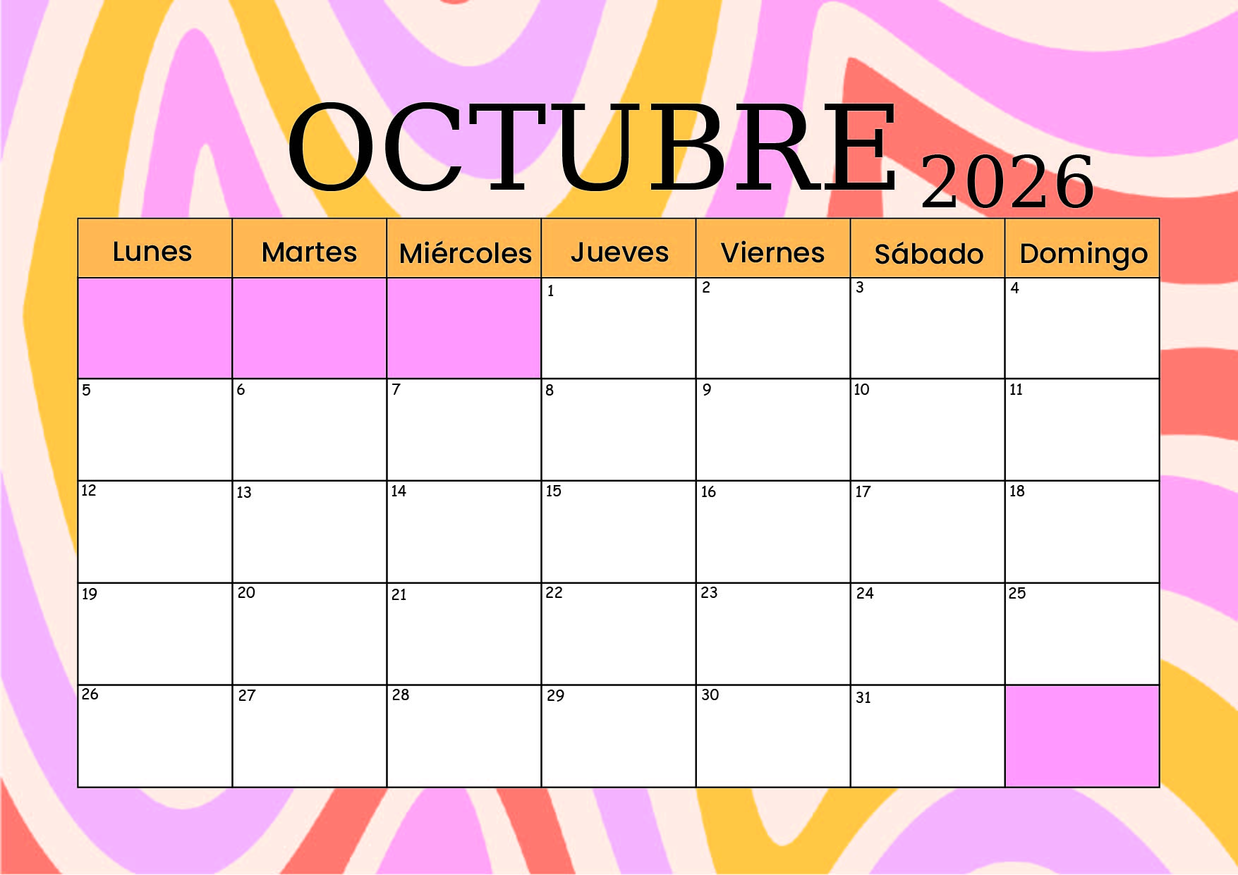 Calendario Octubre 2026 para imprimir