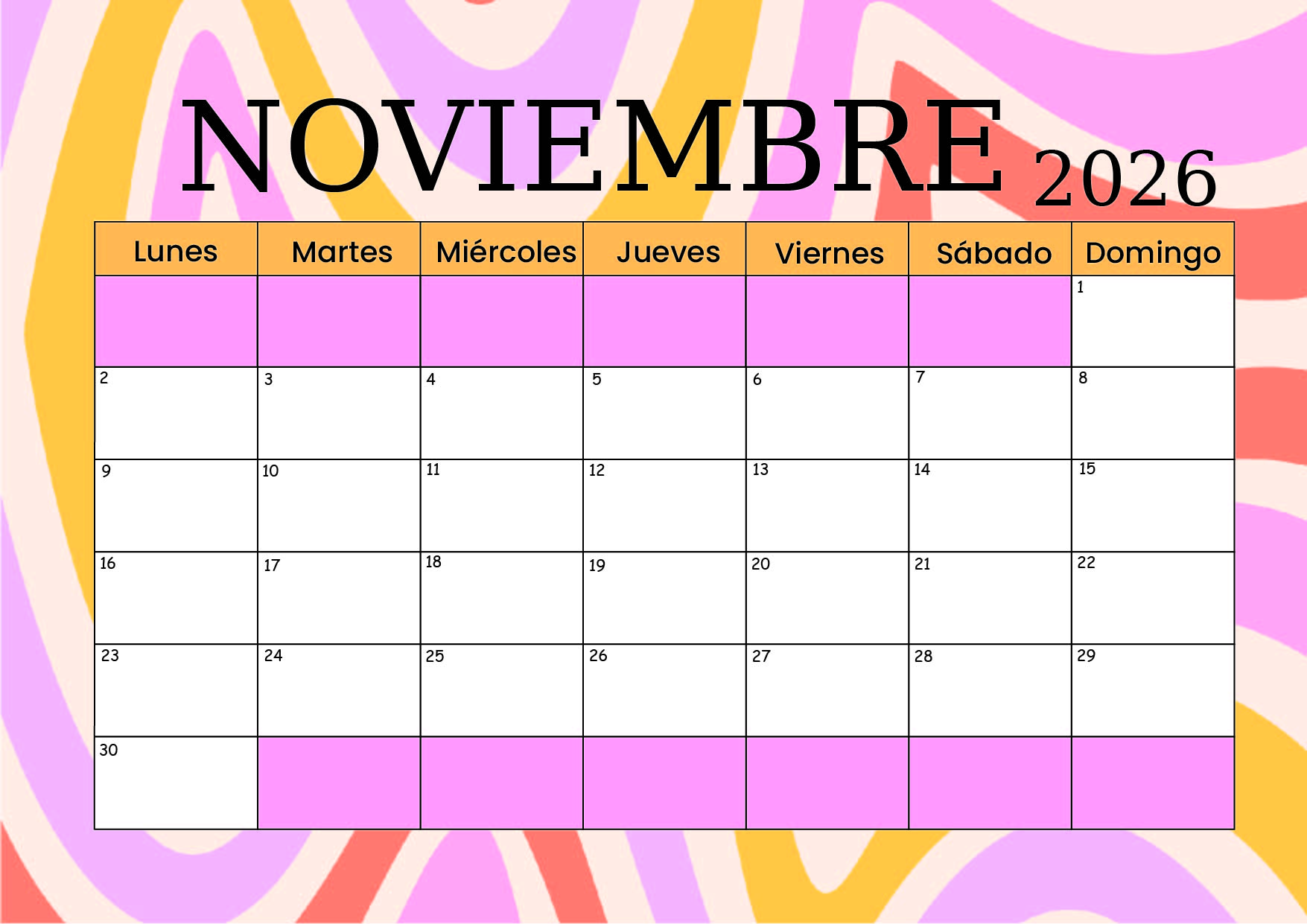 Calendario Noviembre 2026 para imprimir