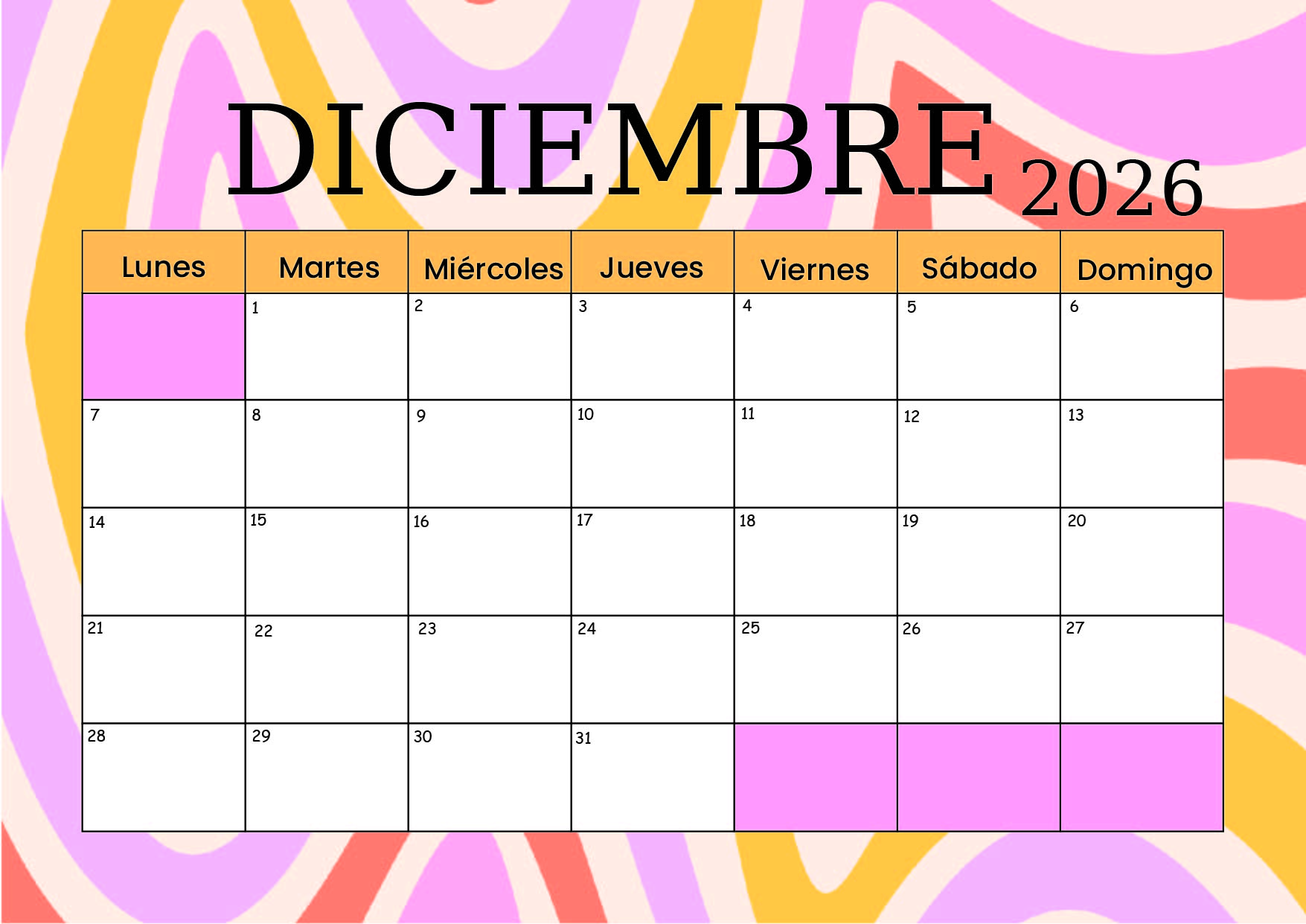 Calendario Diciembre 2026 para imprimir