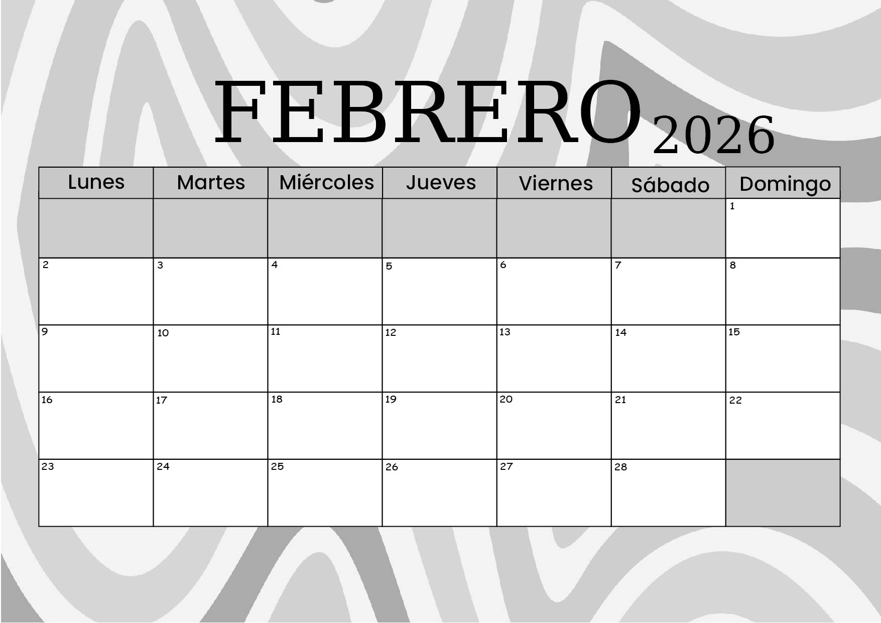 Calendario Febrero 2026 para imprimir