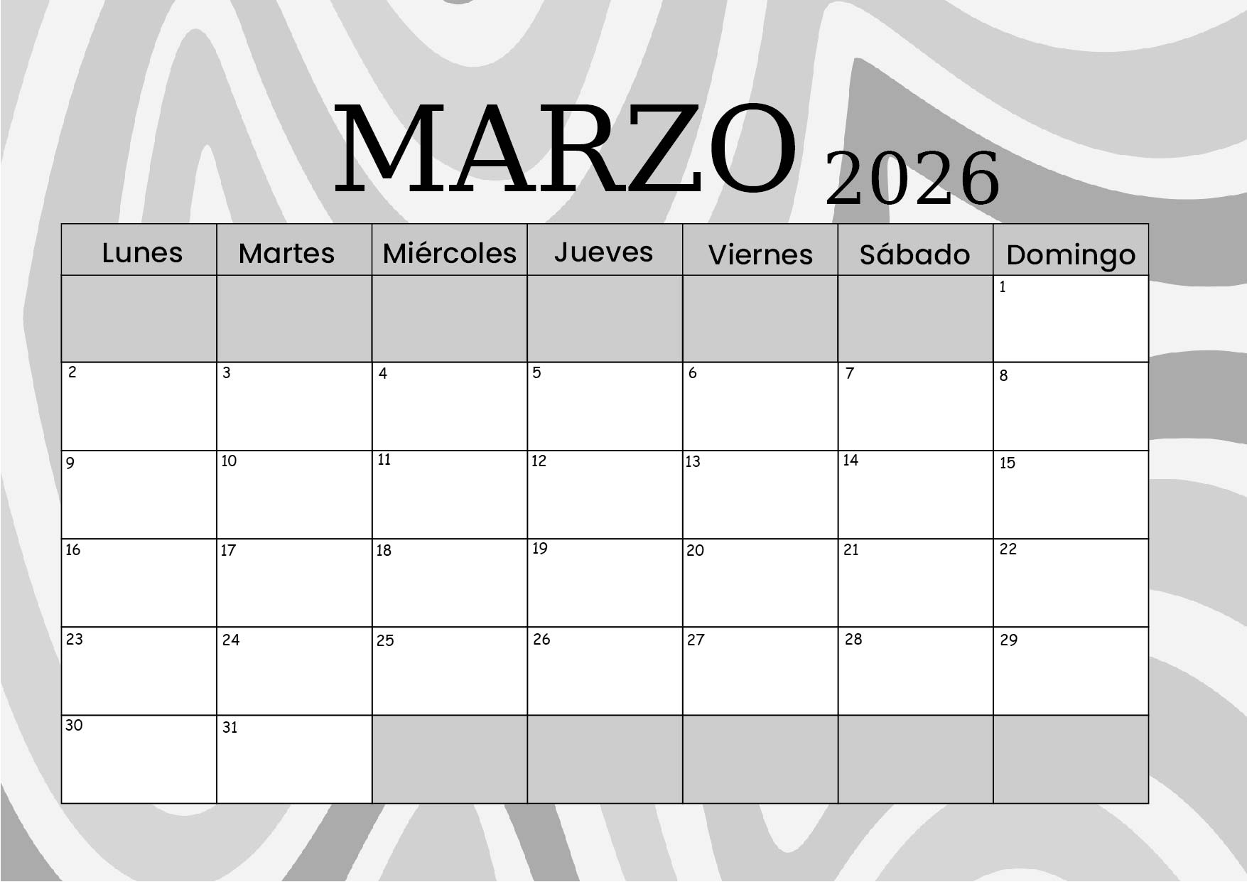 Calendario Marzo 2026 para imprimir