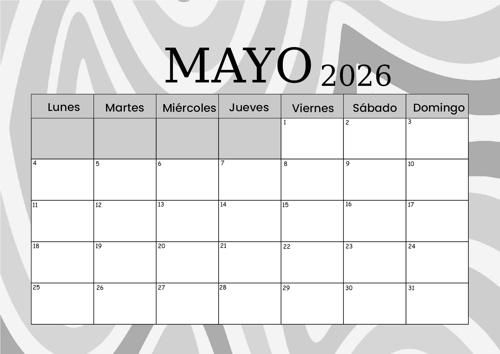 Calendario Mayo 2026 para imprimir