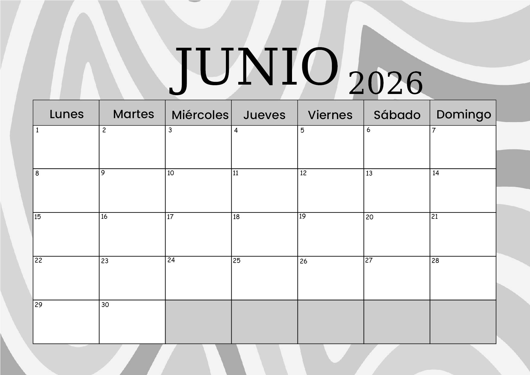 Calendario Junio 2026 para imprimir