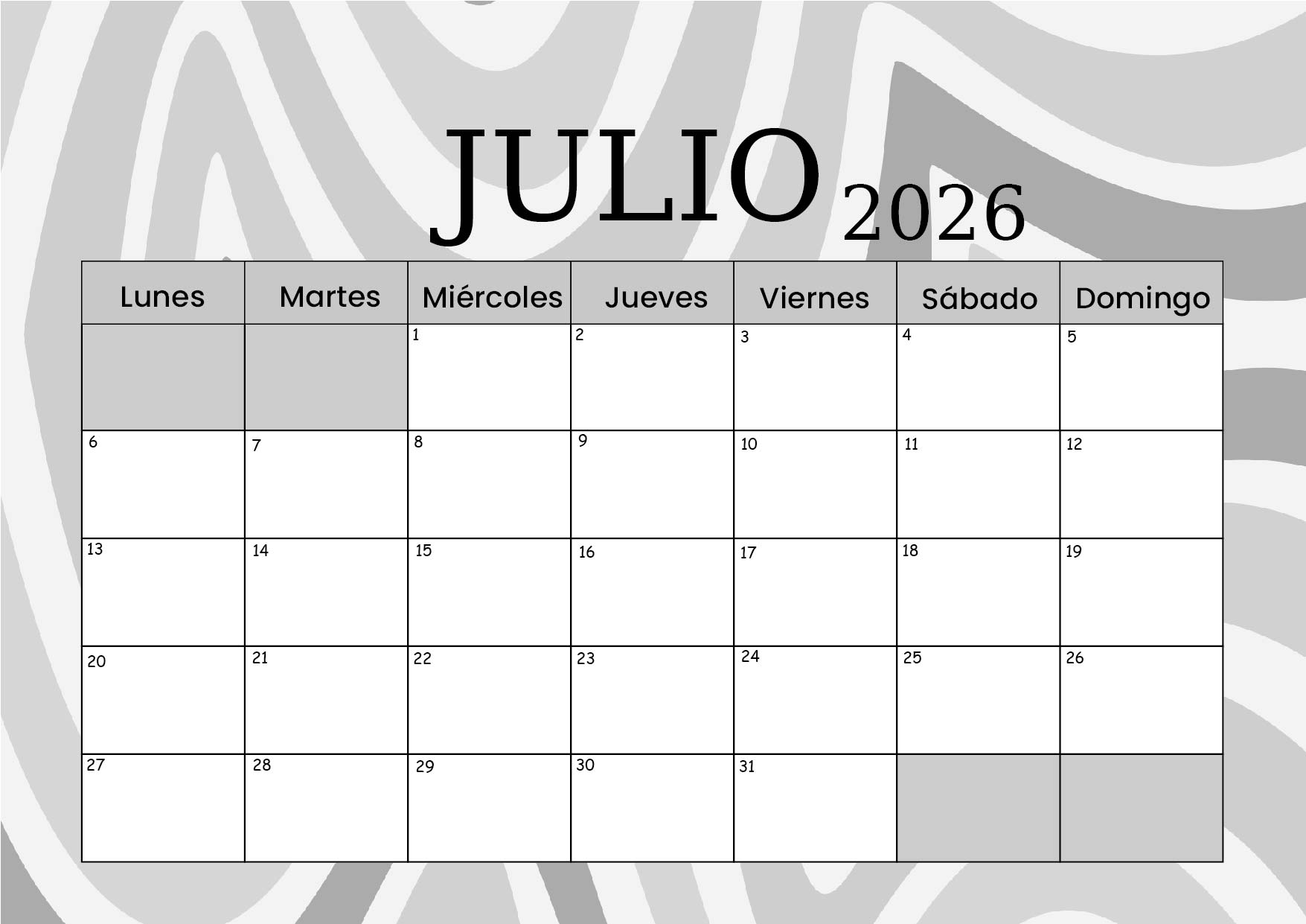 Calendario Julio 2026 para imprimir