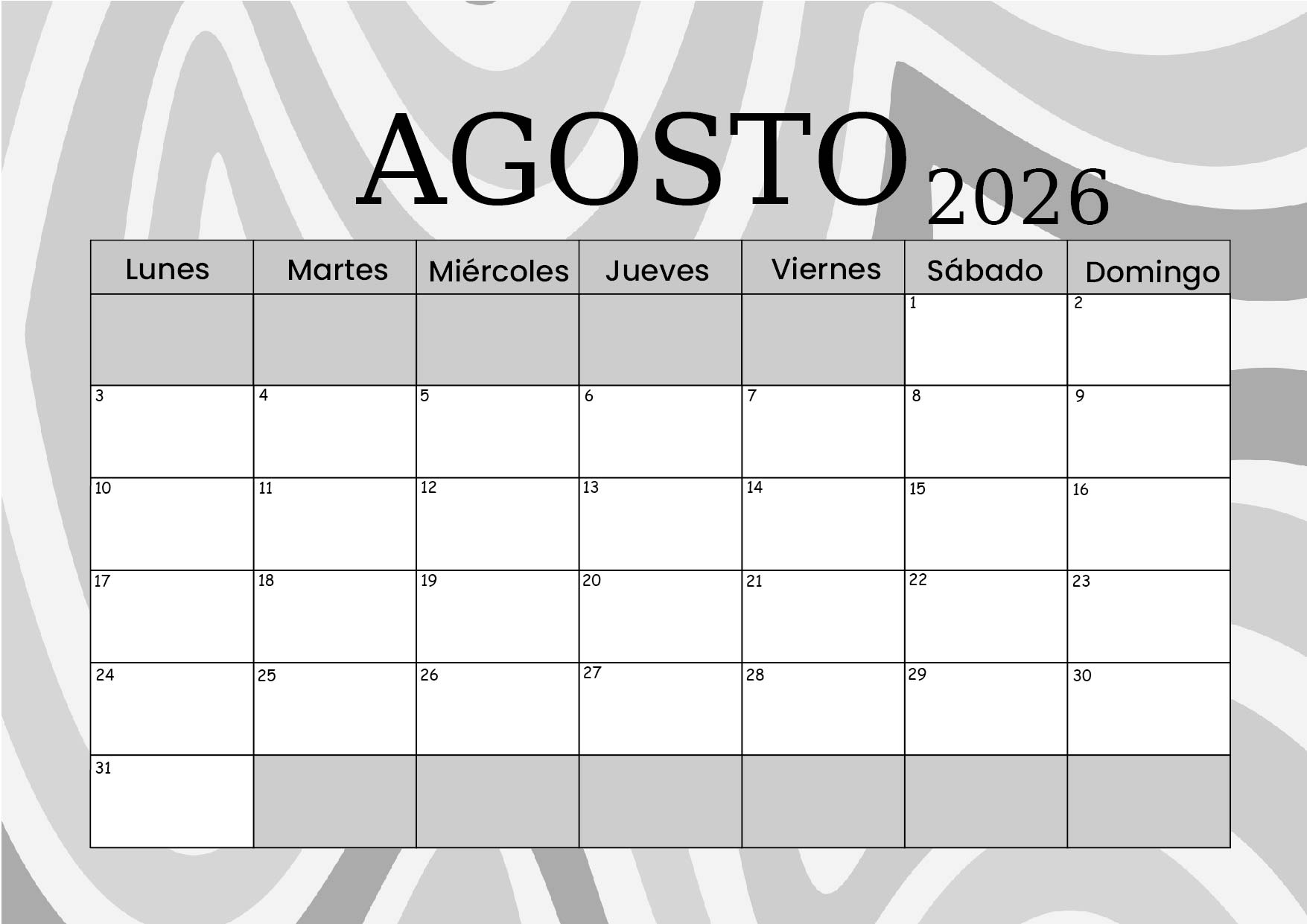 Calendario Agosto 2026 para imprimir