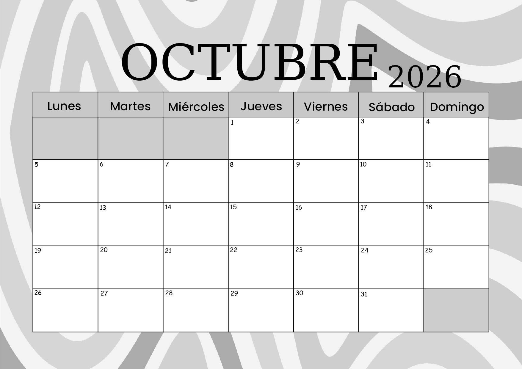 Calendario Octubre 2026 para imprimir