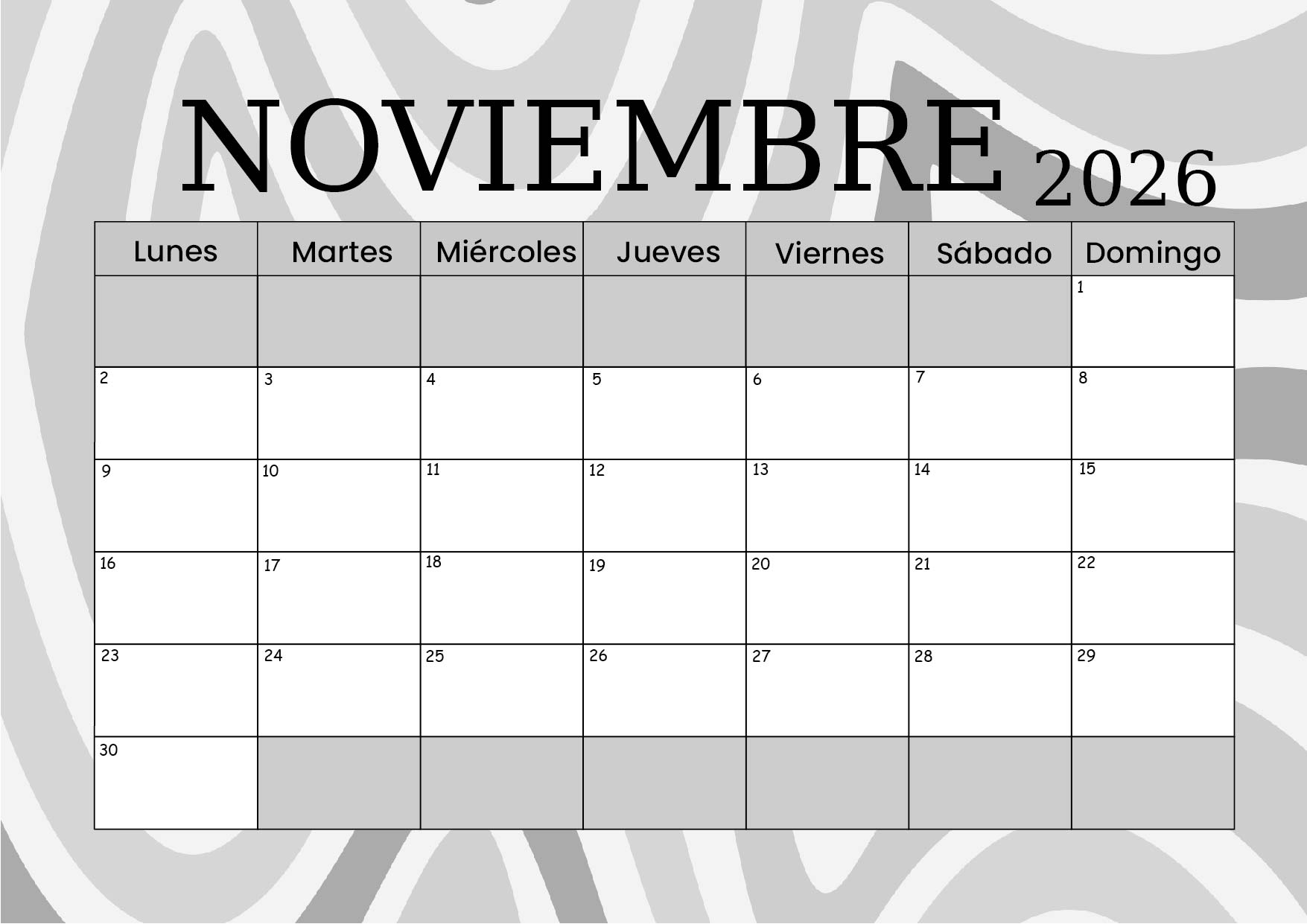 Calendario Noviembre 2026 para imprimir
