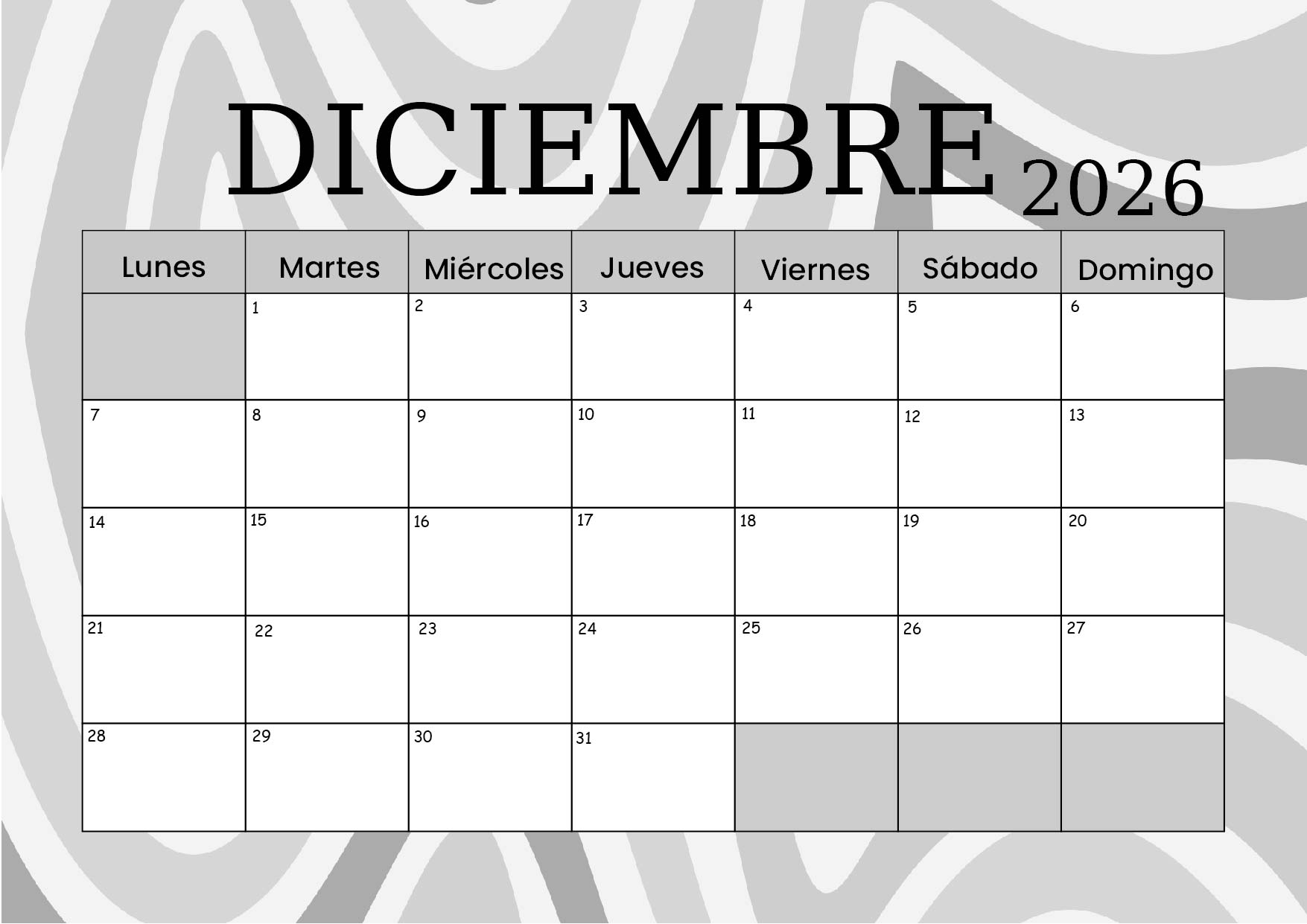 Calendario Diciembre 2026 para imprimir