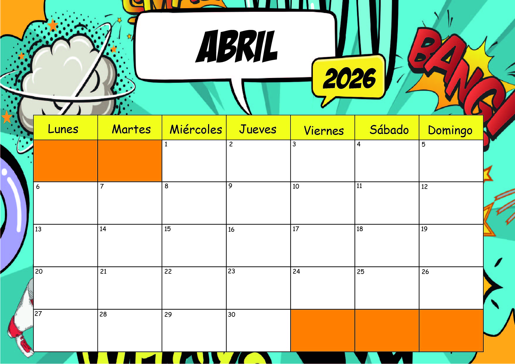 Calendario Abril 2026 para imprimir