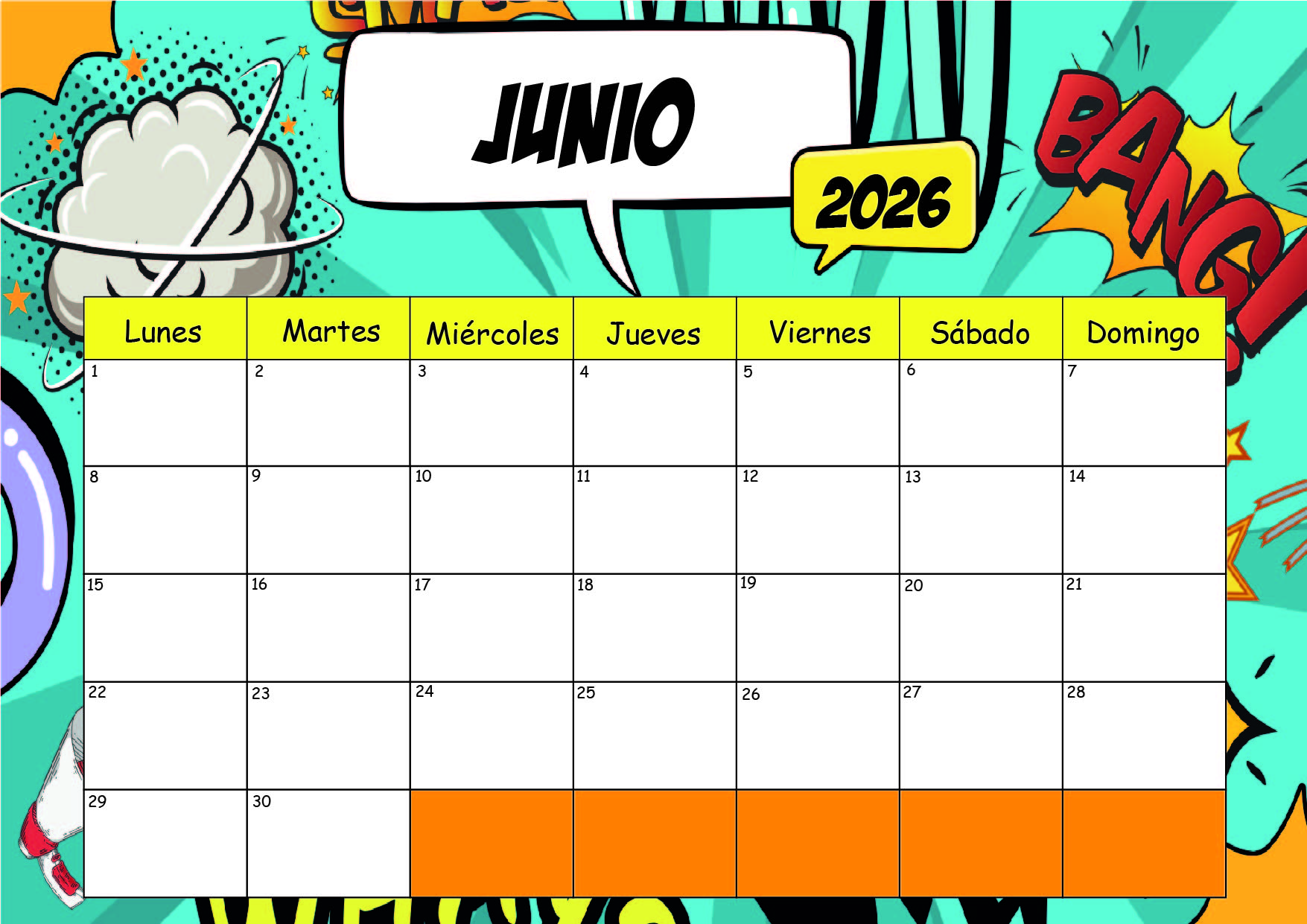 Calendario Junio 2026 para imprimir