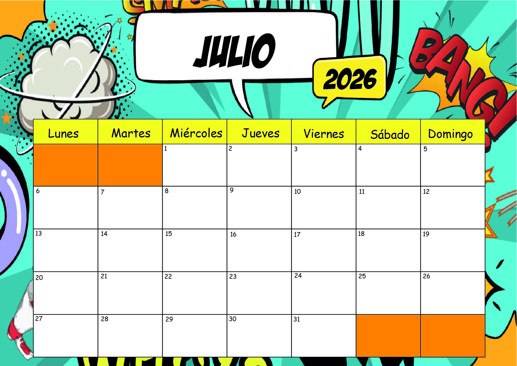 Calendario Julio 2026 para imprimir