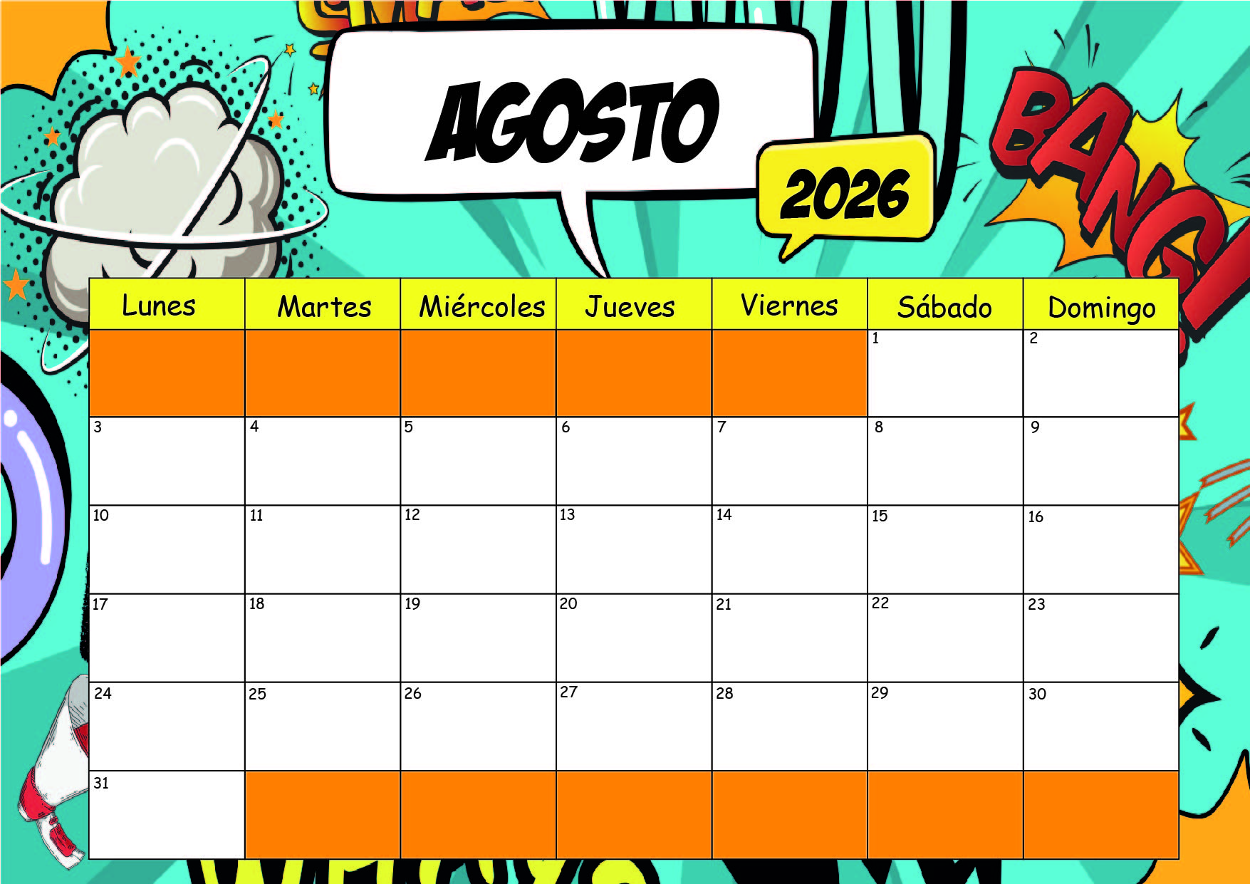 Calendario Agosto 2026 para imprimir