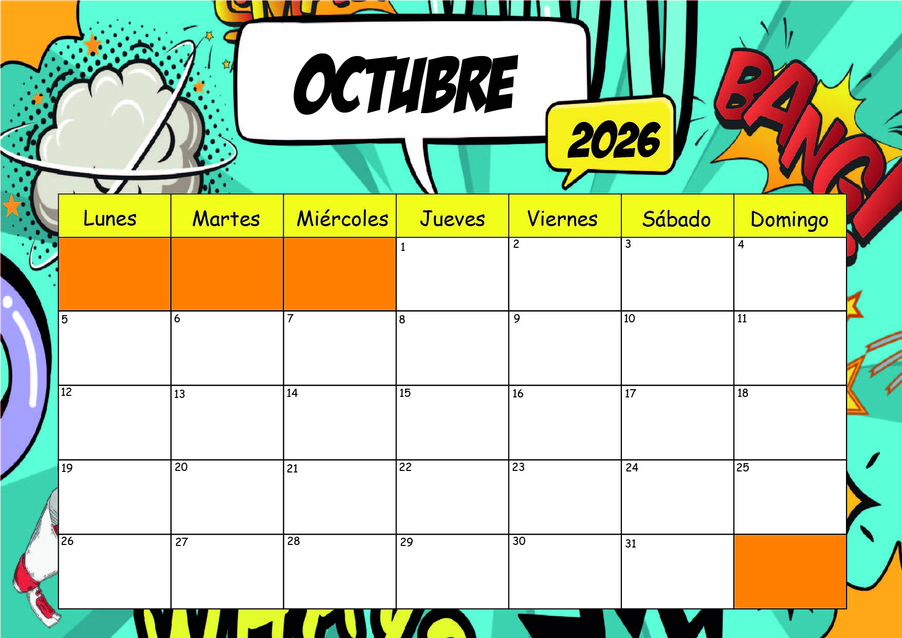 Calendario Octubre 2026 para imprimir