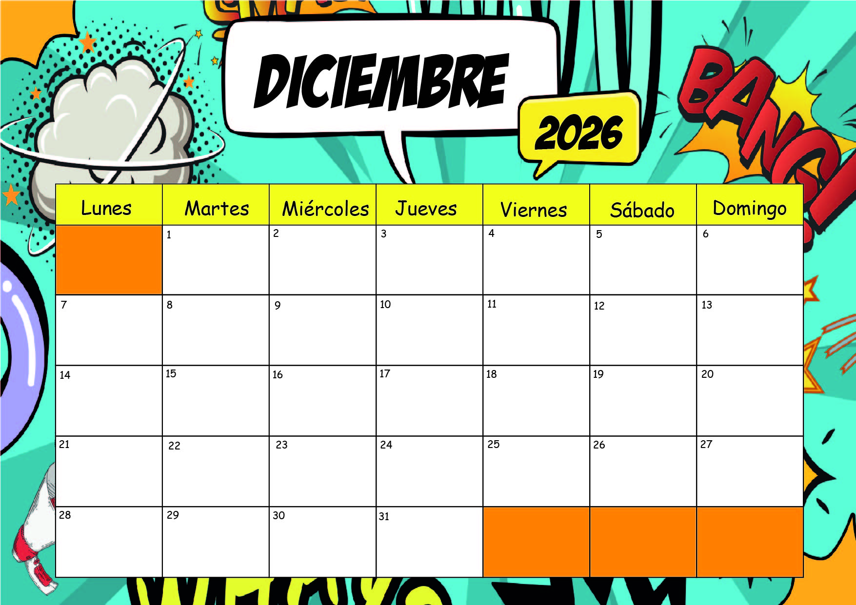 Calendario Diciembre 2026 para imprimir